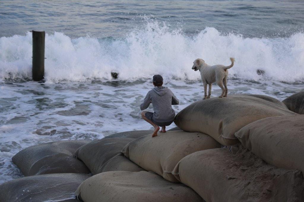 Even on a day of moderate swell last Sunday, waves crashed over the geotextile wall at high tide, also undercutting both ends of the wall as beach erosion marched ever closer to the Inverloch Surf Lifesaving Club.