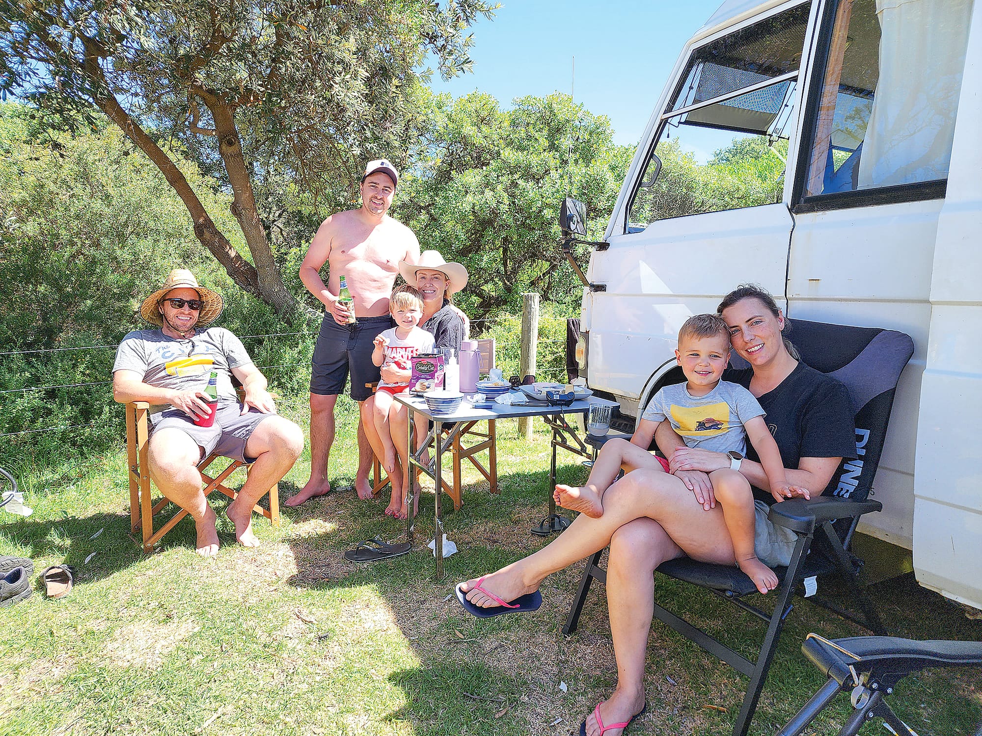 First time Bear Gully campers Vivian, Matt, Kim and Pip with boys Alfred and Max had settled into camp after being advised by a Tidal River Ranger that Bear Gully was the place to be. C10_0224