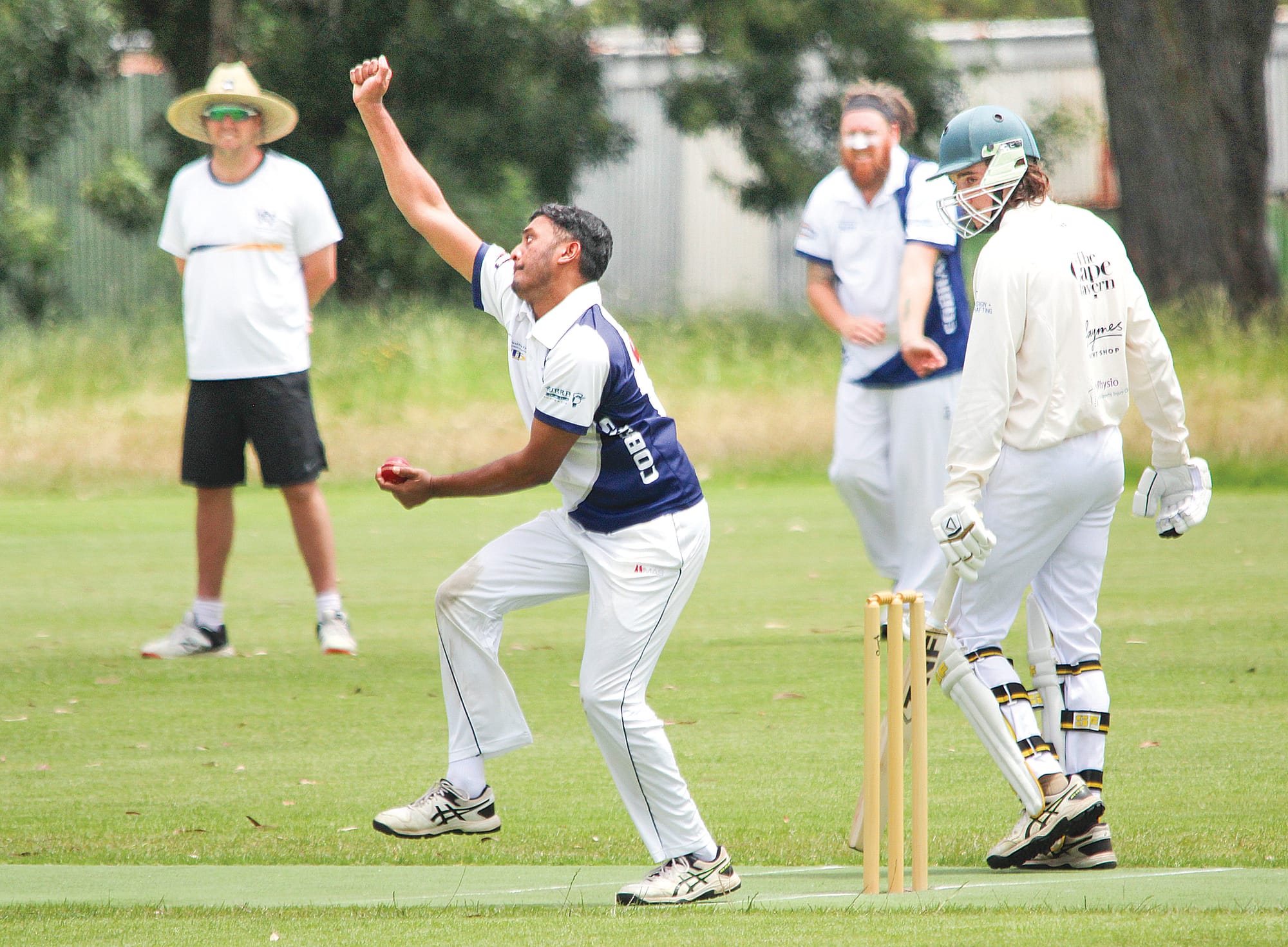 Inshaka Siriwardena bowls on his way to a three-wicket showing at McMahon Reserve on Saturday.
