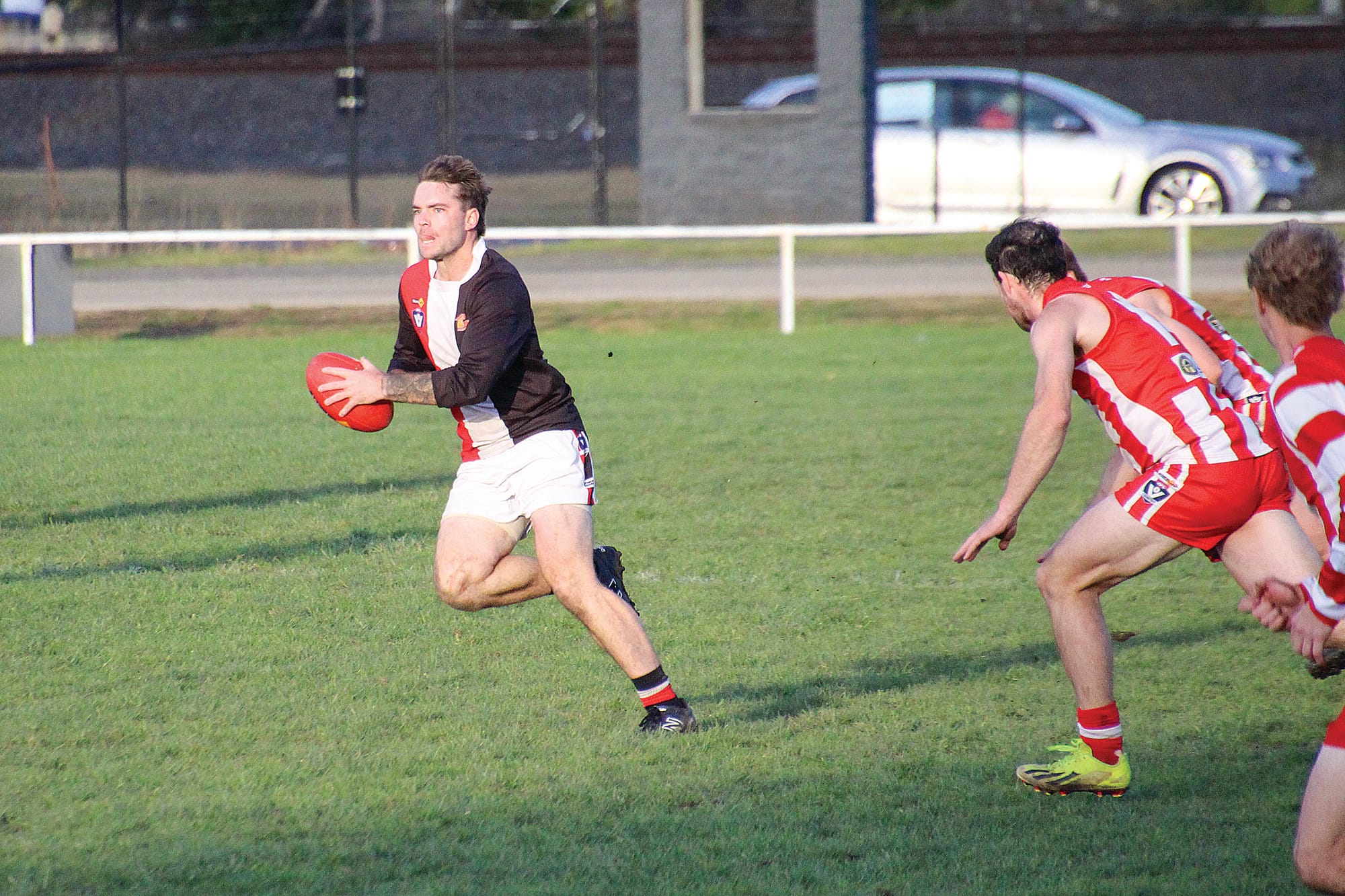 Nyora skipper Dylan Heylen was among the Saints’ best, dashing clear on this occasion.
