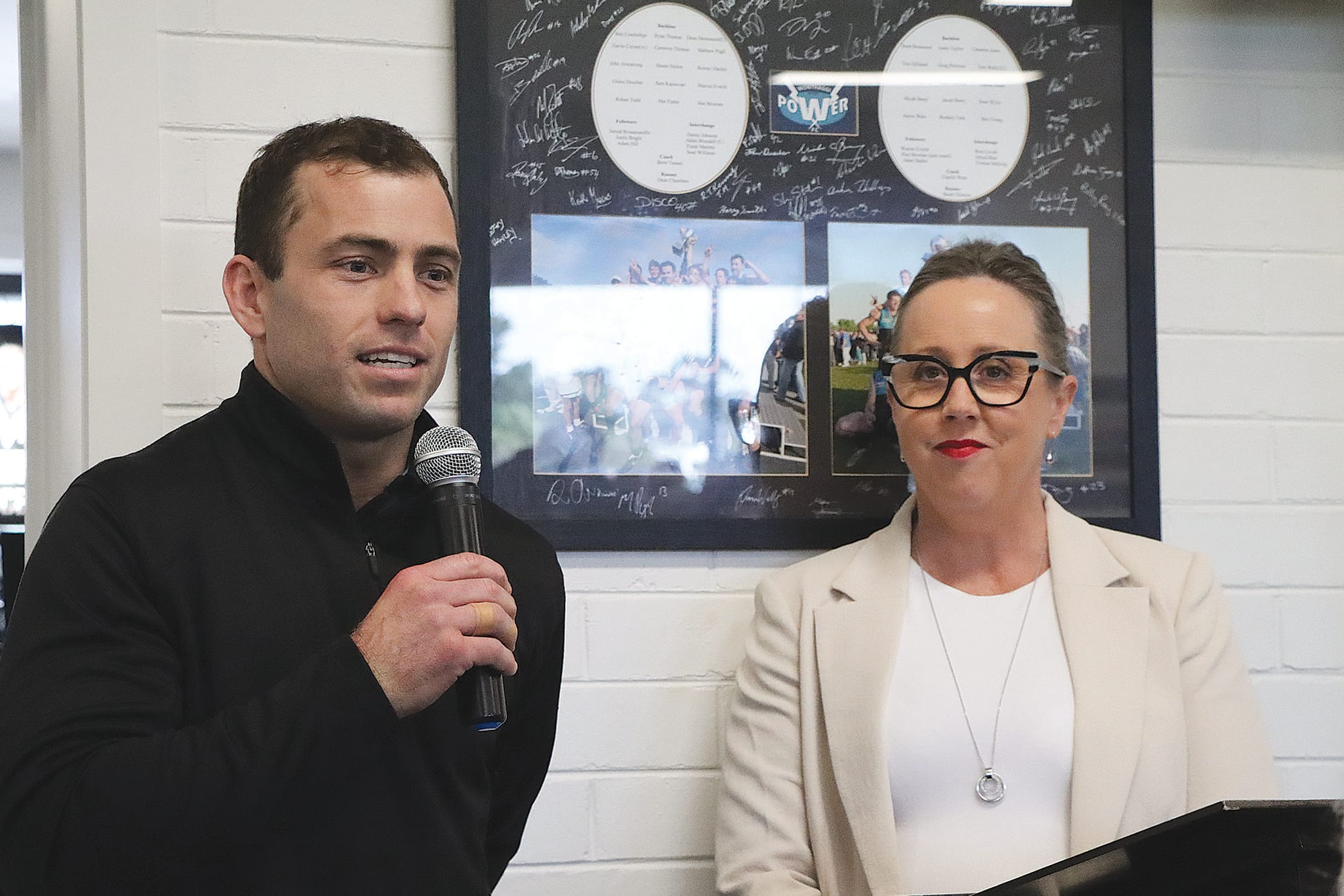 Jarryd Blair delivers an emotional speech after Sadie Hanley received the honour of becoming Wonthaggi Power’s number one ticketholder. A26_2523