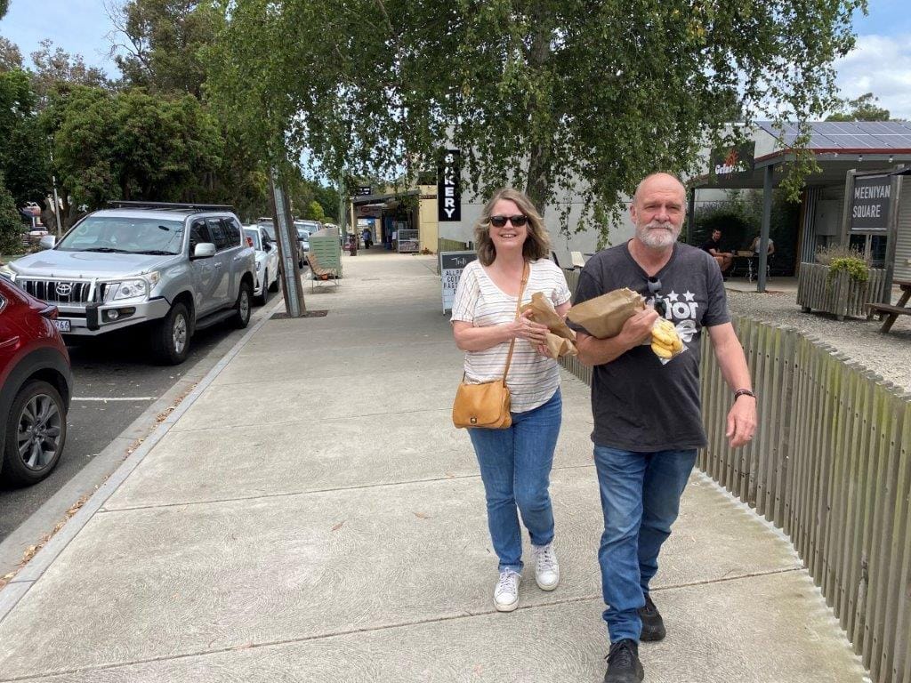 Cate and Chris Button from St Helena, out Eltham way, stopped for supplies in Meeniyan before heading out for a week’s holiday at Waratah Bay.
