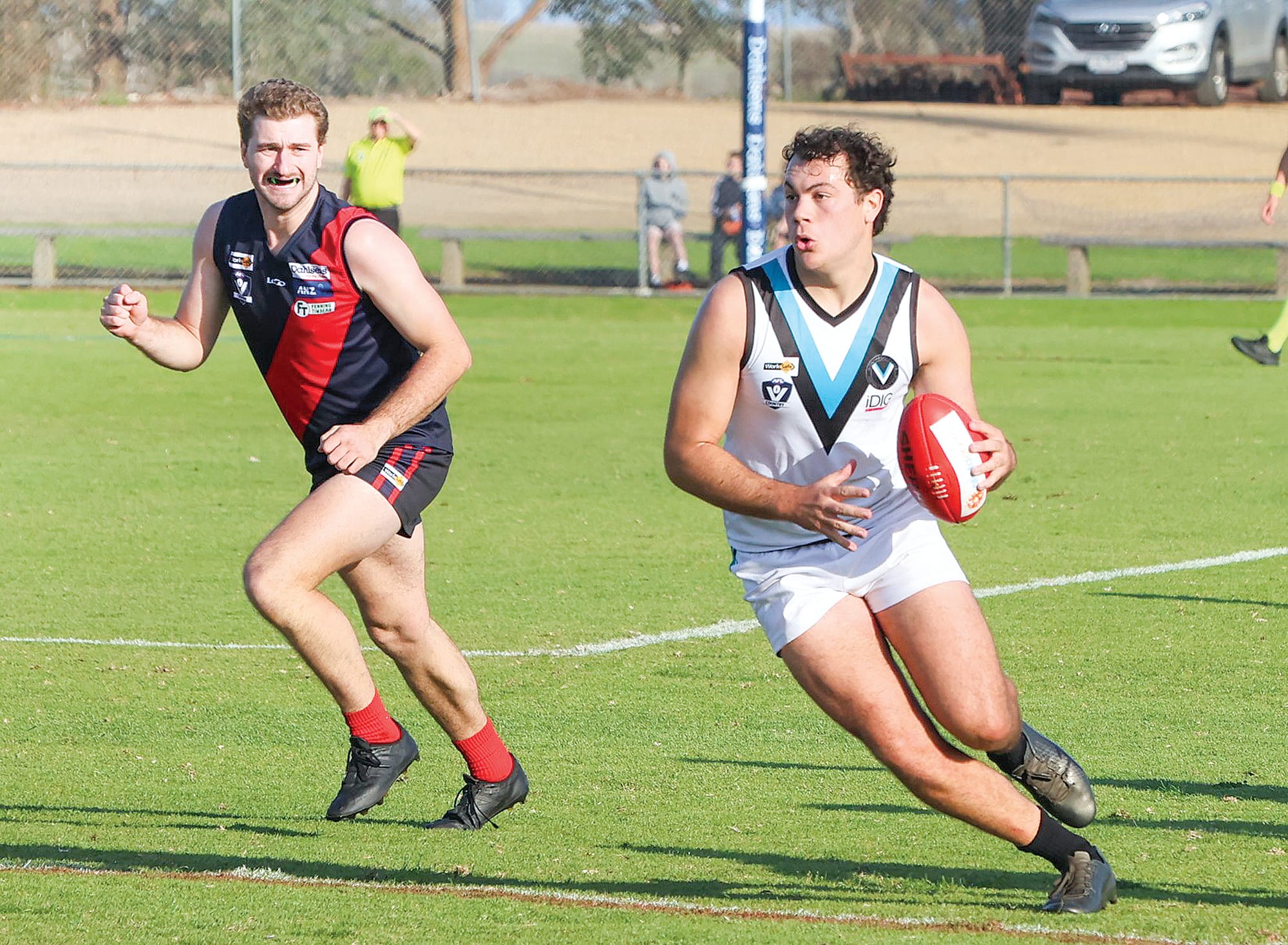 This way, that way, Wonthaggi’s Brodie Mabilia wrongfoots his Bairnsdale opponents on his way to a near best-on-ground performance.