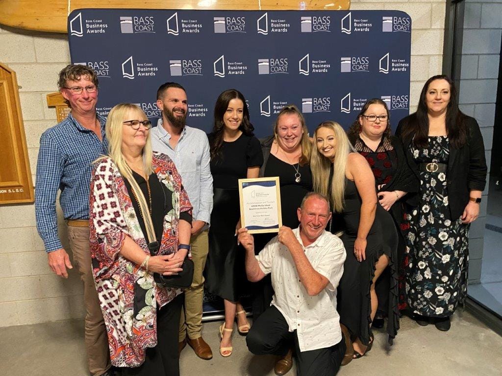 The NRMA Phillip Island Beachfront Holiday Park crew at the Bass Coast Business Awards recently. Last night they took out a major award at the annual 2023 Victorian Tourism Awards.