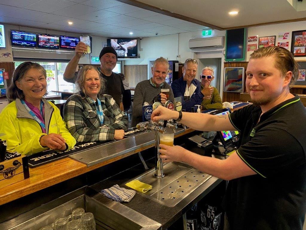 Yarram Commercial Hotel barman Trent Briggs was on hand to serve up some much-needed refreshments when the Great Victorian Bike Riders hit town including Trish Knsay, Annie Barr, Robert Brown, Ondrej Foltin, Garry Dowd, and Philip Simpson.