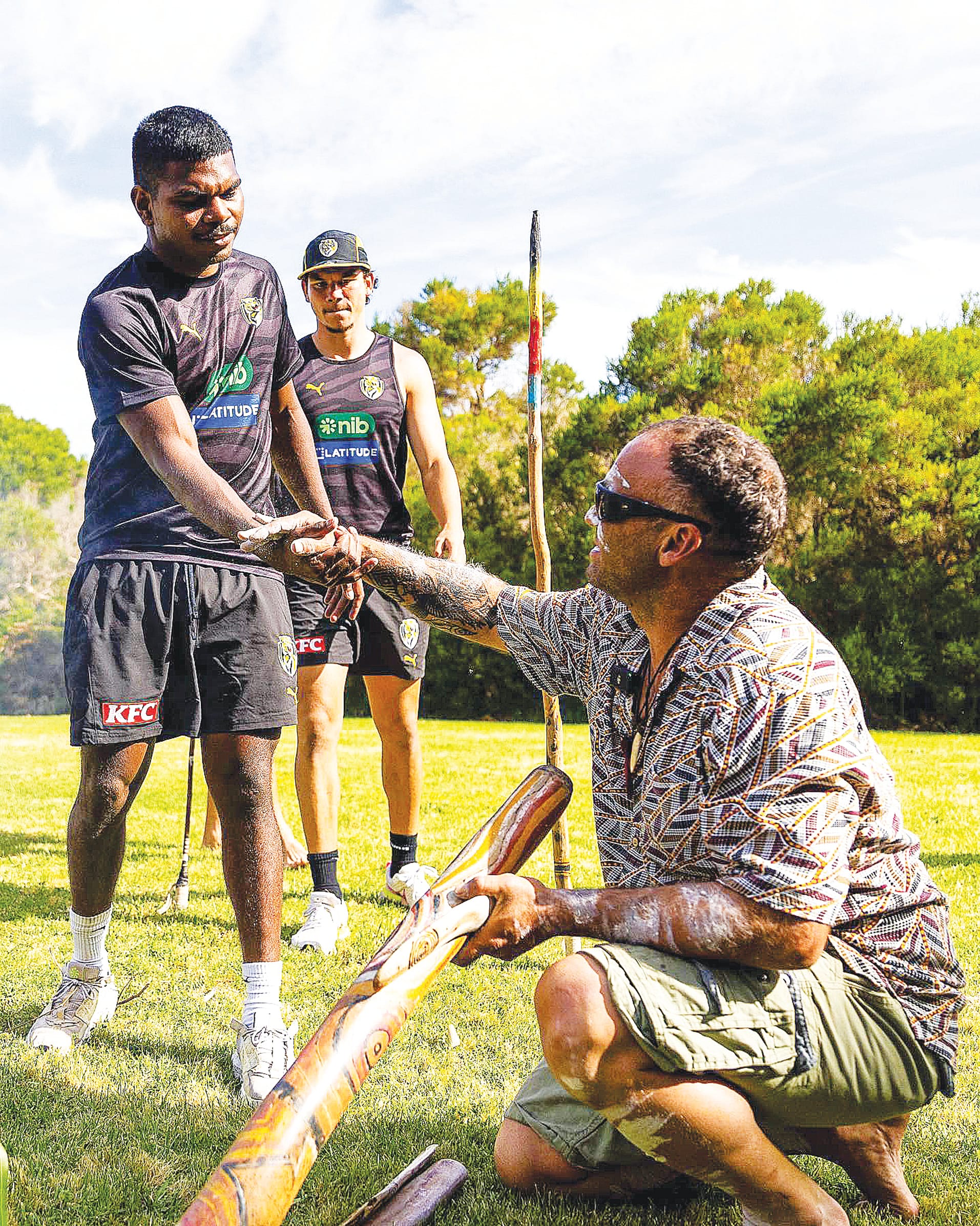 Maurice Rioli Junior meets traditional owner Steve Parker at the smokling ceremony and Welcome to Boonwurrung Country at the Inverloch RACV Resort last week.