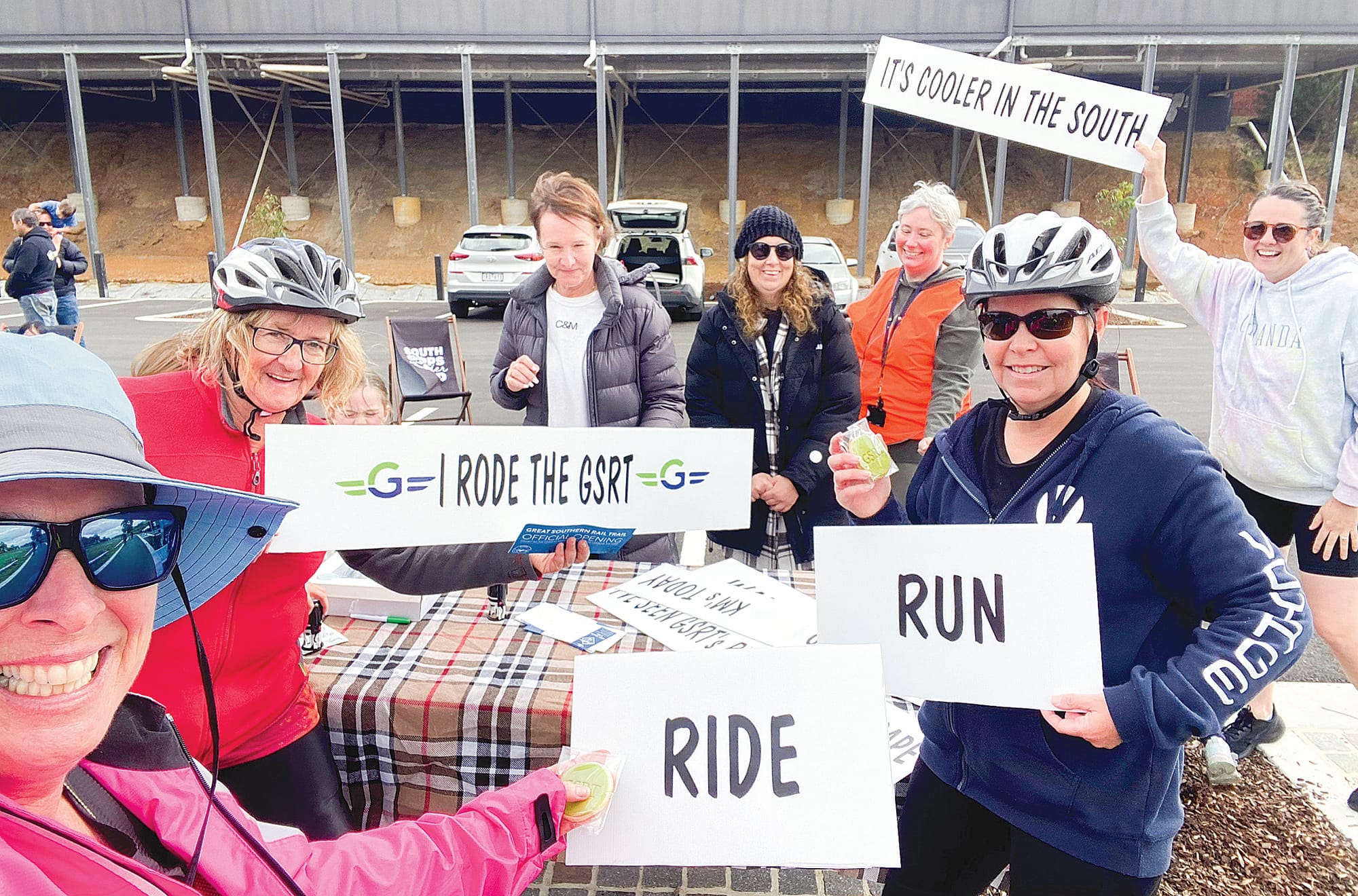 Lisa Riley, Karen Argento, Sophie Dixon, Alyssa, and Amanda Browne met with volunteers on their rail trail ride - finishing in Leongatha after travelling 37km.
