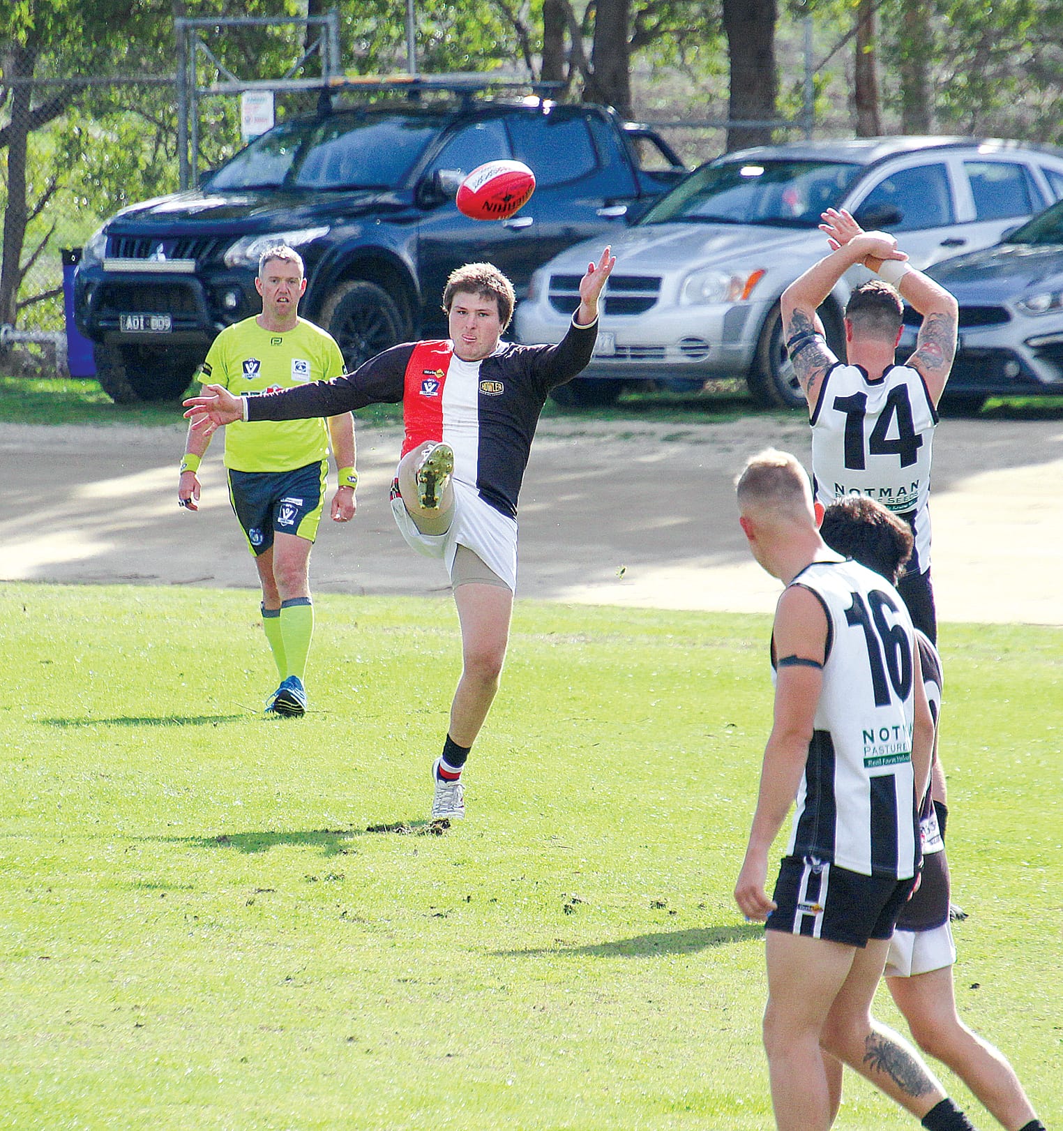 Nyora’s Scott Pugh takes his shot as the match against Poowong gets underway. Photo: Sheryl Walters.