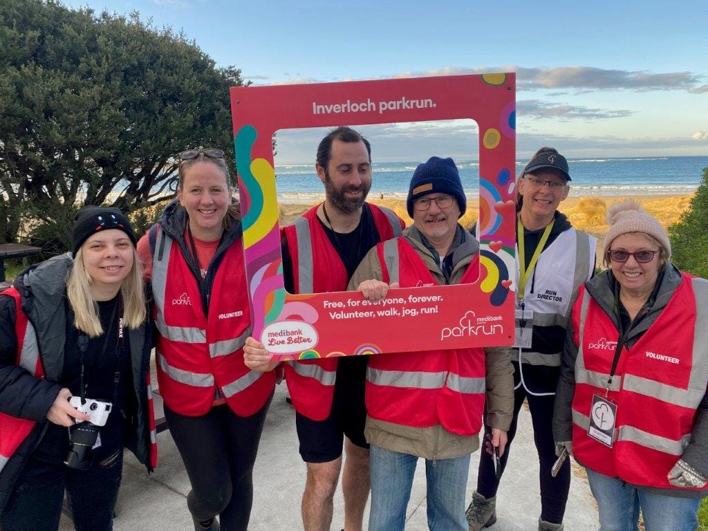 Parkrun volunteers at Inverloch, including photographer Caitlyn Taylor, with Laura Burt, Kirk De Marchi, Lee Cleghorn, Jo Richards and Judy Cleghorn wait for the return of the runners and walkers.