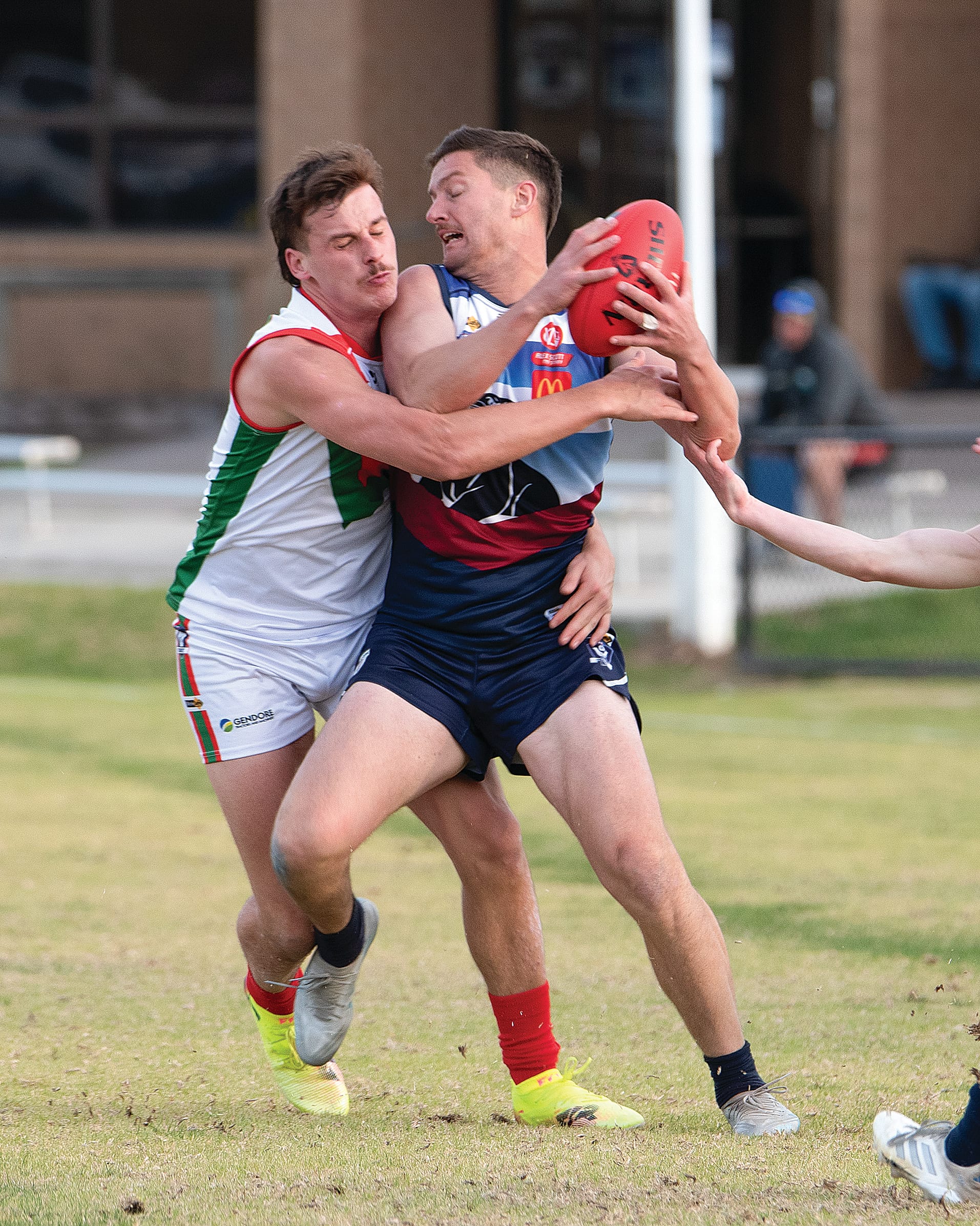 Brody Connelly is wrapped up by his Seagull opponent as he attempts to gain ground for the Panthers.