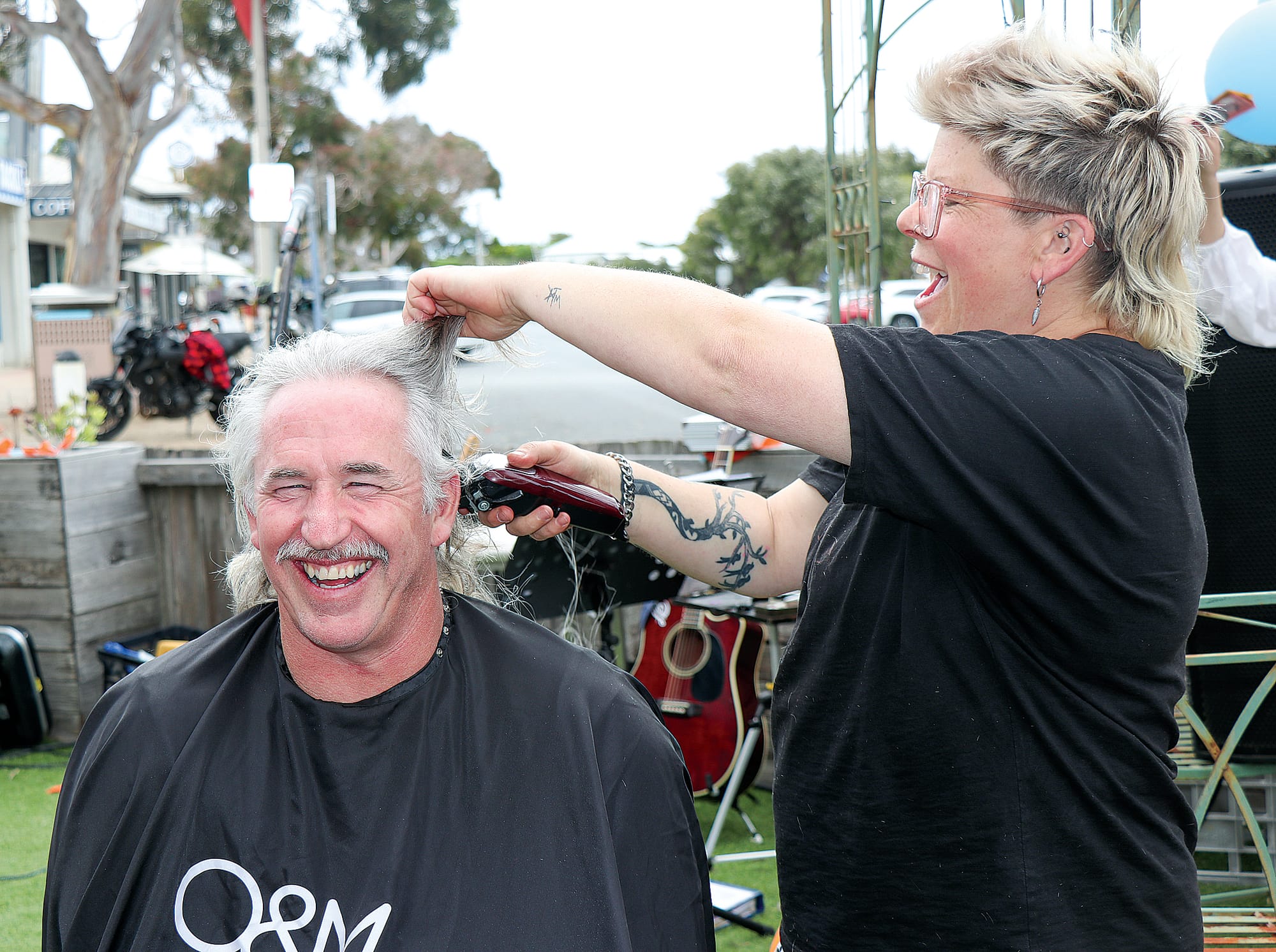 The community gathered at the San Remo Hotel on Saturday afternoon generously donating funds for blood cancer as brave shaver Kirk Humphry had his head shaved by Kim. Z18_4822