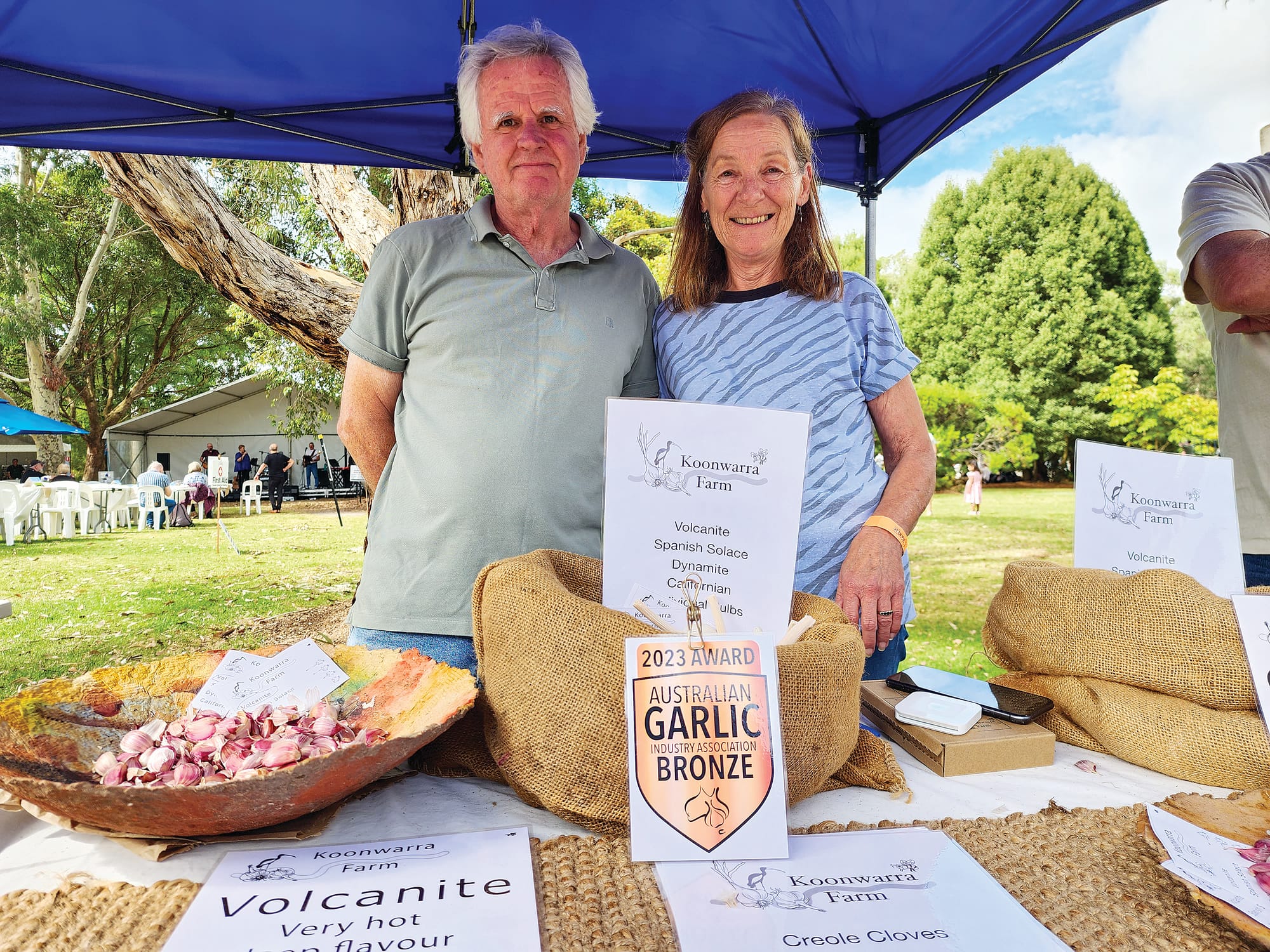 Jim and Lisa of Koonwarra Farm took home a bronze win in the 2023 Australian Garlic Industry Association Awards Creole division. C43_0823