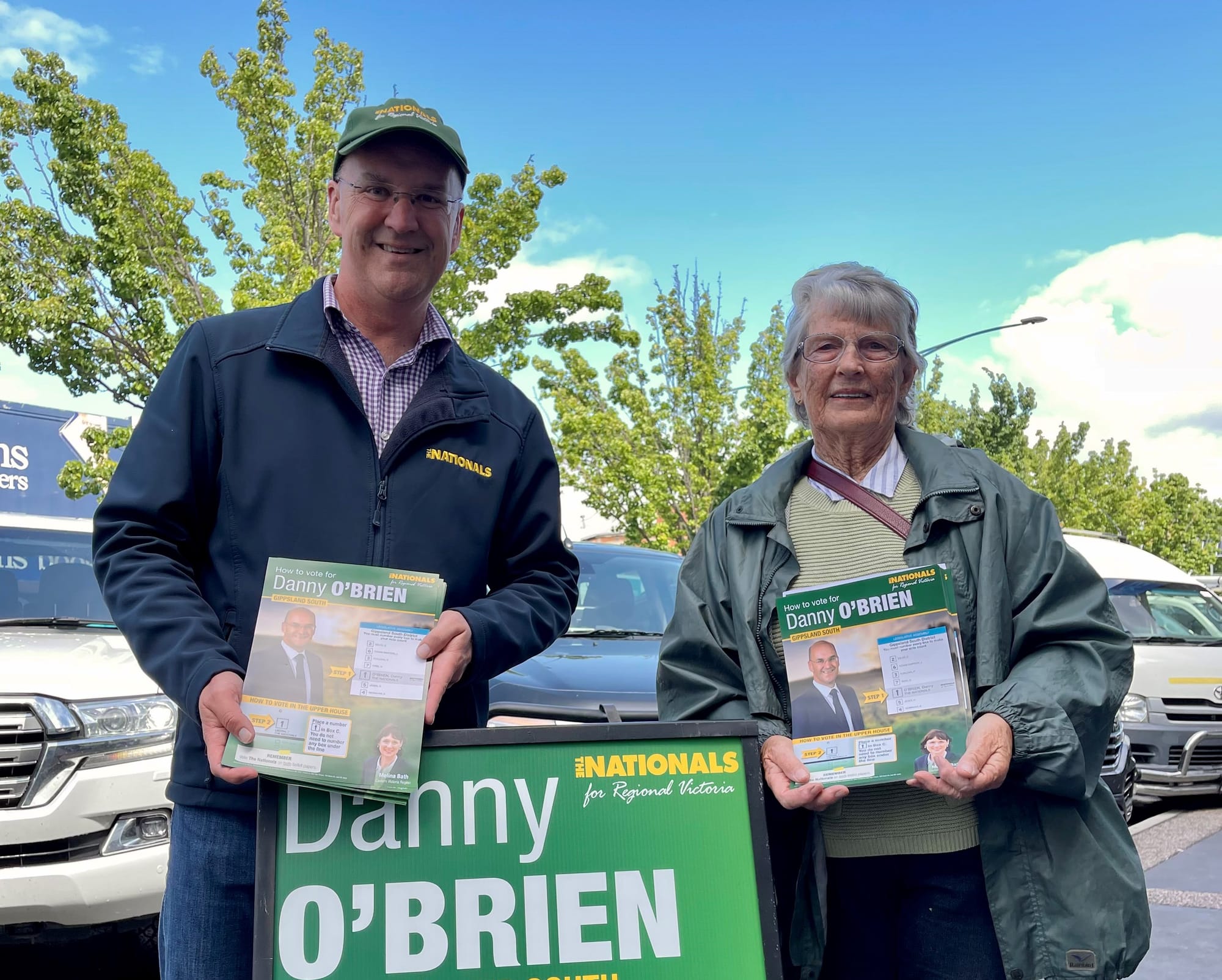 Gippsland South incumbent Danny O’Brien at the other end of his electorate, at Sale’s Early Voting Centre with Mary Slattery.