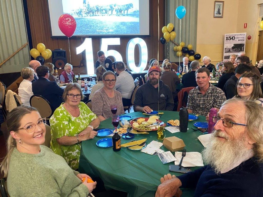 Among those enjoying the 105th anniversary celebrations in the Poowong Hall last Saturday were Ashlea Hughes, Lynne Schwennesen, Misty Jenkins, Cale and Zane Schwennesen, Catie Johns- Schwennesen, Glenda Olden and Maurice Schwennesen.