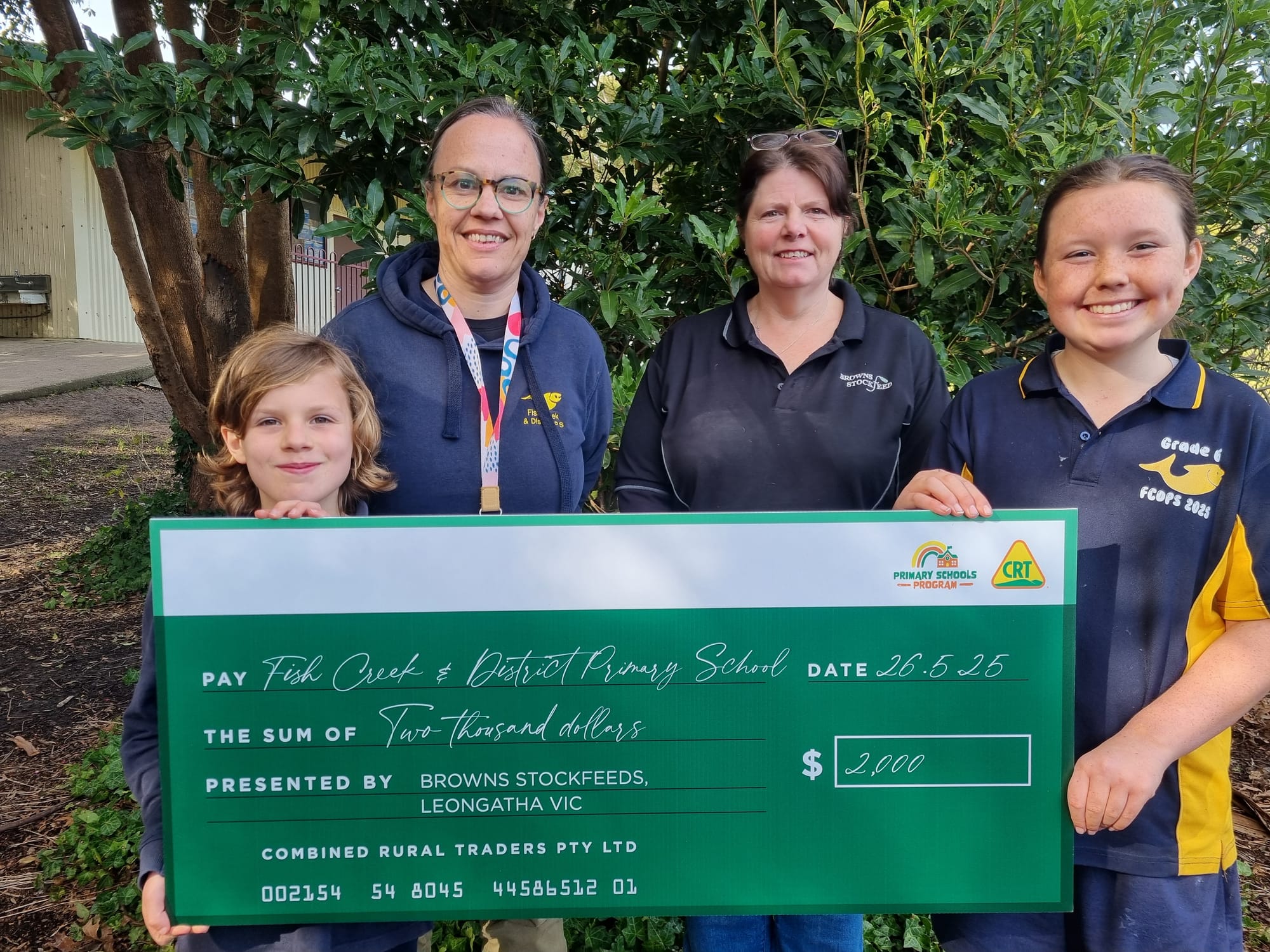 Arthur, Clare, Nicole (BSF) and Aiya at Fish Creek & District Primary School receiving $2000 grant funding from CRT. 