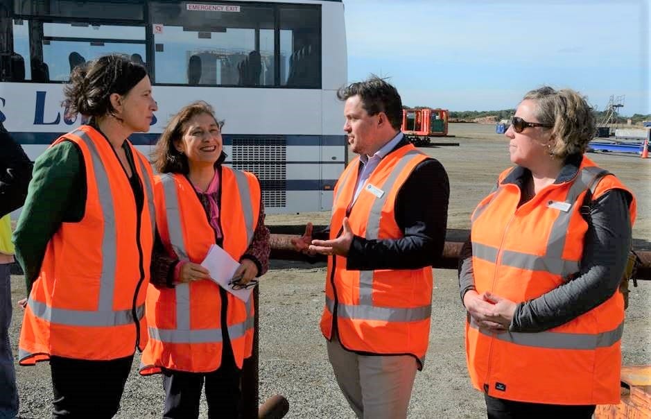 South Gippsland Shire Council Mayor Cr Nathan Hersey and CEO Kerryn Ellis chat with Energy Minister Lily D'Ambrosio and Bass MP Jordan Crugnale at the funding announcement this week.