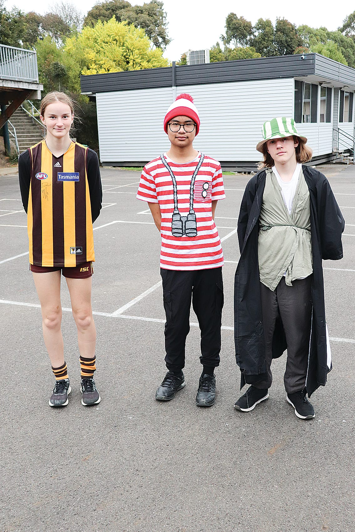 Bella-Cruze Appelman, Matthew Perez and Oscar Matthies from Korumburra Secondary College get their best costumes on for book week.