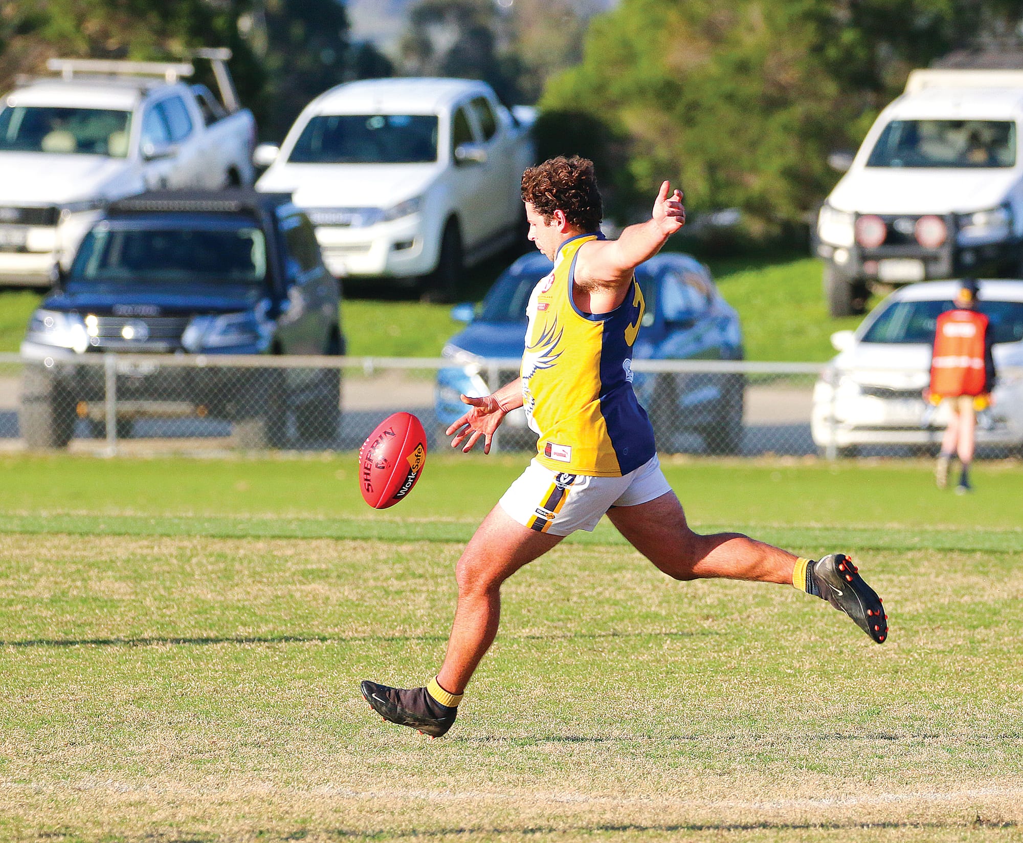 Jordan Tomas named in the best for the Sea Eagles, propels the ball forward.  ob29_3023