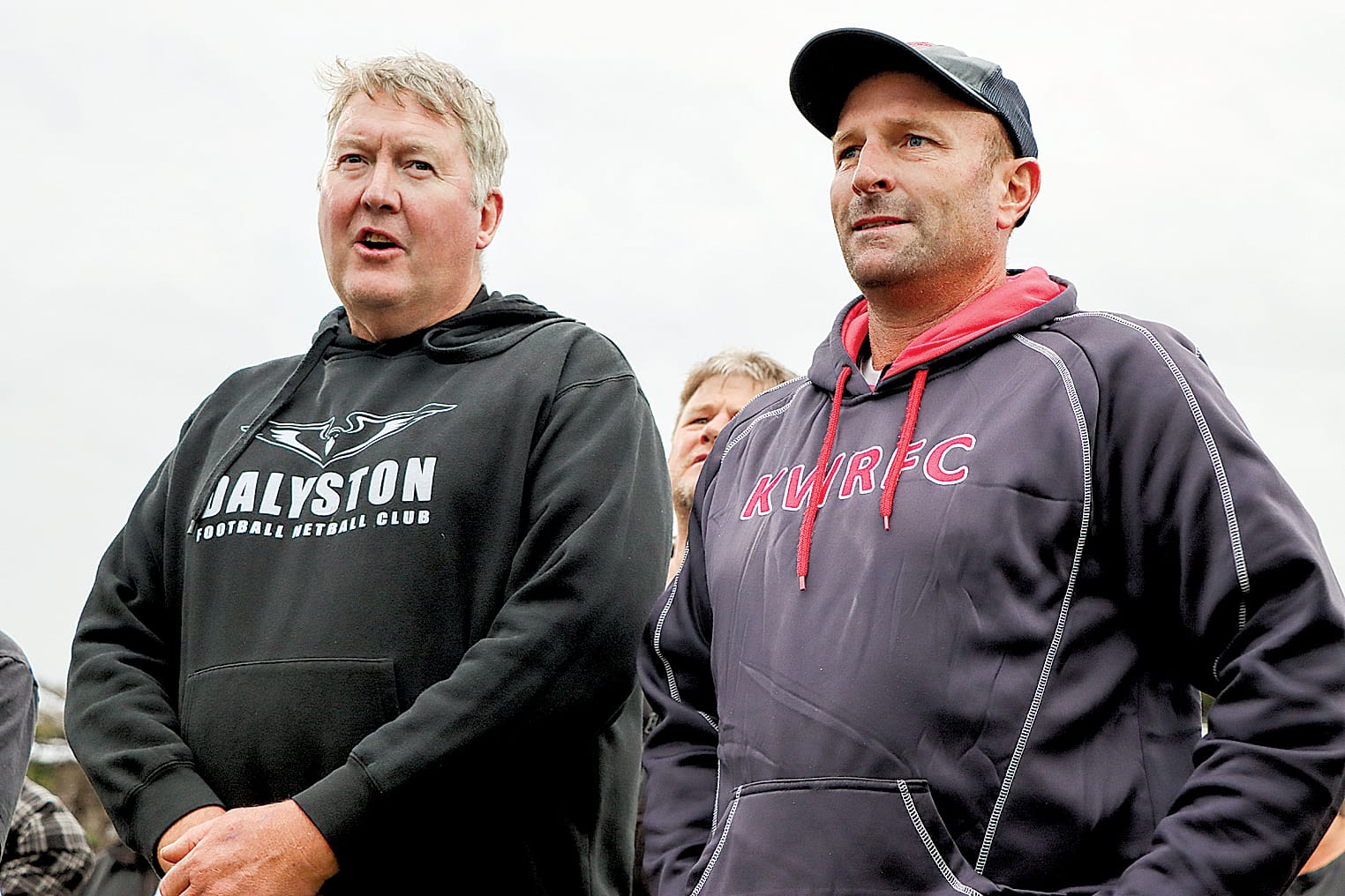 Dalyston president Andy Thomas and his Koo Wee Rup counterpart Jake Neill spoke of the significance of the Campbell Ion trophy. A36_1623