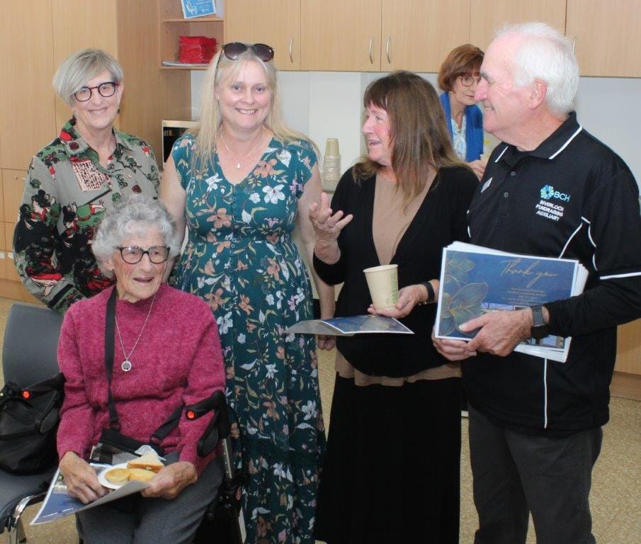 BCH’s Sue Hunt, back left, chats with donors Jean Sartain and Katrina Clarke, Jean’s carer Pam Sutcliffe and Gerry Surridge from the Inverloch Fundraising Auxiliary at the afternoon tea.