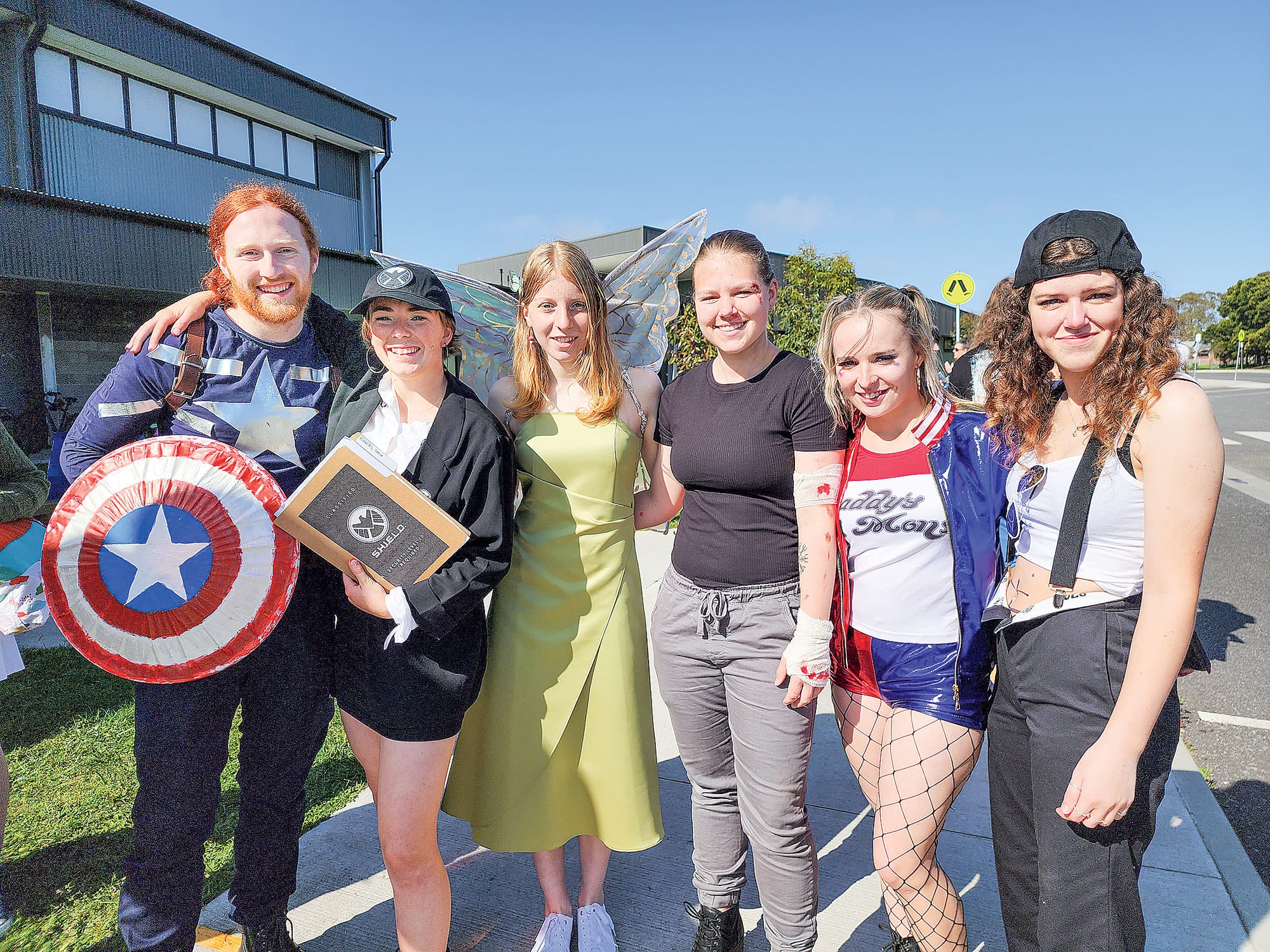 A show of power and strength with Captain America (Callum), Shield Agent (Louise), Fairy (Allannah), Lara Croft (Amy), Harley Quinn (Courtney) and Magic Mike (Zoe).
