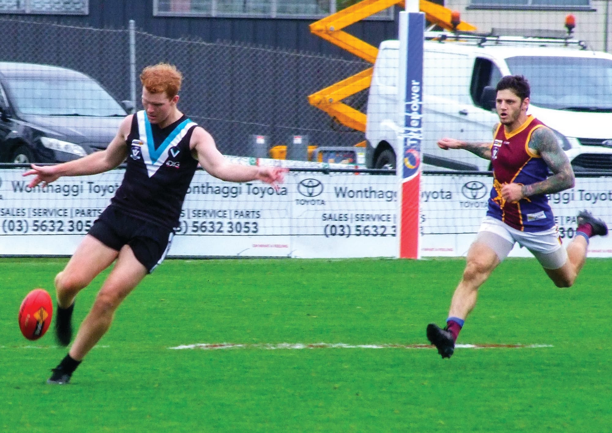 Wonthaggi’s Kyle Reid was one of few to find space in the Moe forward line as the visiting Lions put their stamp on the competition with their third win. Photos by Paul Landells.