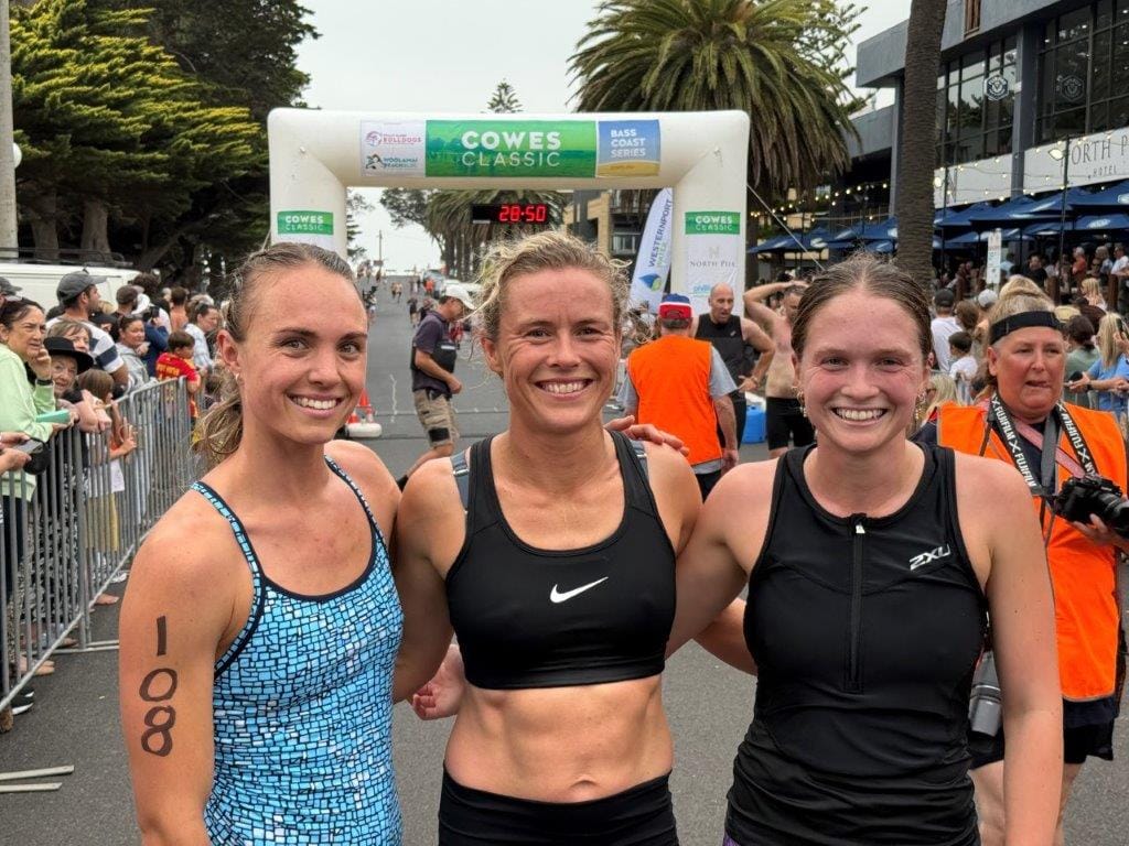 Placegetters in the women’s division of the Cowes Classic on Saturday were Bethany Barrett of Wonthaggi 3rd, Zoe Adams of Sunset Strip 1st  and Stella Crawford-Rust of Melbourne 2nd.