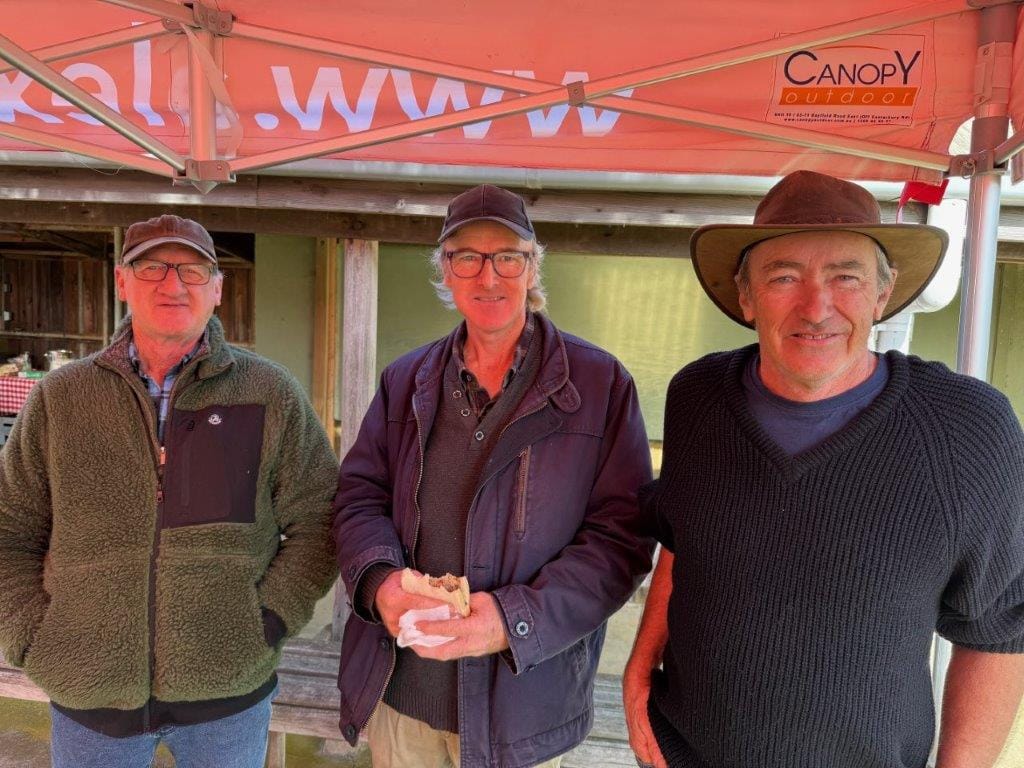 Chatting at the Farmers Picnic at Ventnor last Sunday were Leigh Hart and Garry and Bill Cleeland.
