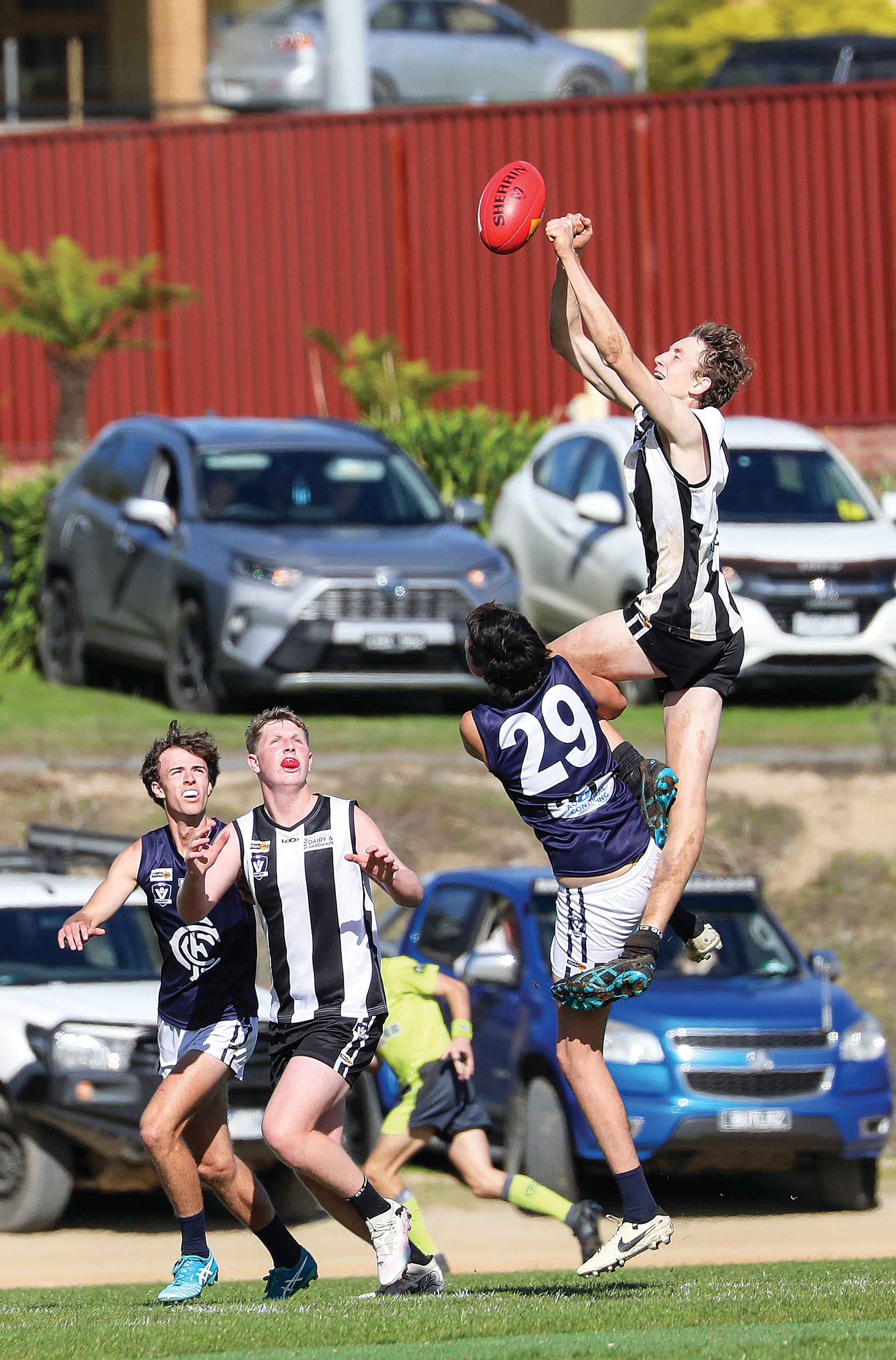 It was a spectacular mark for Kohen Mandemaker in Poowong’s clash against Catani. Photo: Jeff Tull.