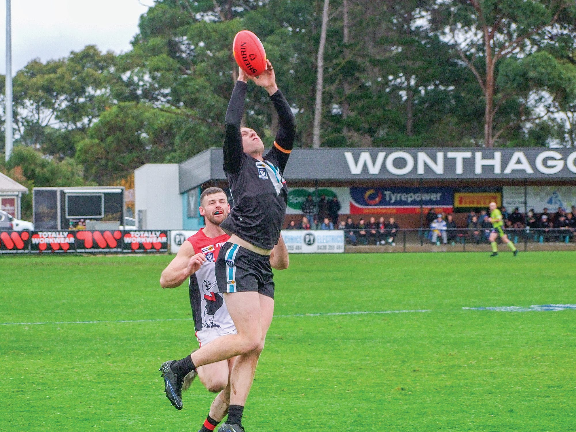 Wonthaggi Power’s Cooper McInnes takes the mark against Warragul. Photo: Paul Landells.