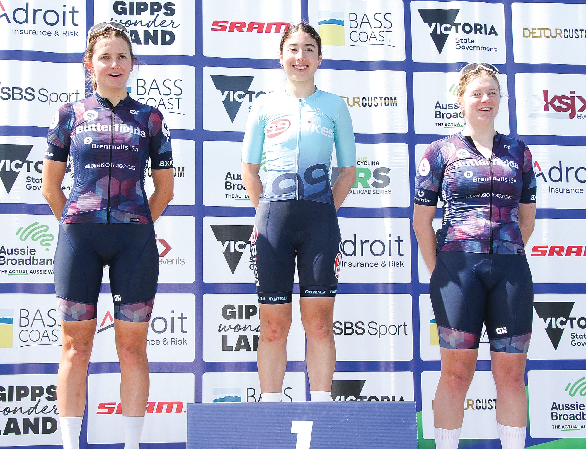 U19 women’s podium finish at Phillip Island (1st) Emma Ochoa (99Bikes Race Team) (2nd) Ava Wilson (Butterfields Racing Team) and (3rd) Ava Schmidtke (Butterfields Racing Team). B10_4124