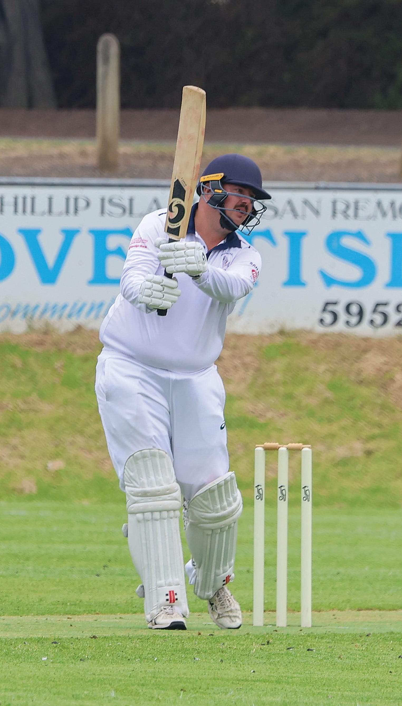 Phillip Island’s Connor Epifano hits out during a productive opening partnership against Koonwarr Leongatha RSL on Saturday.