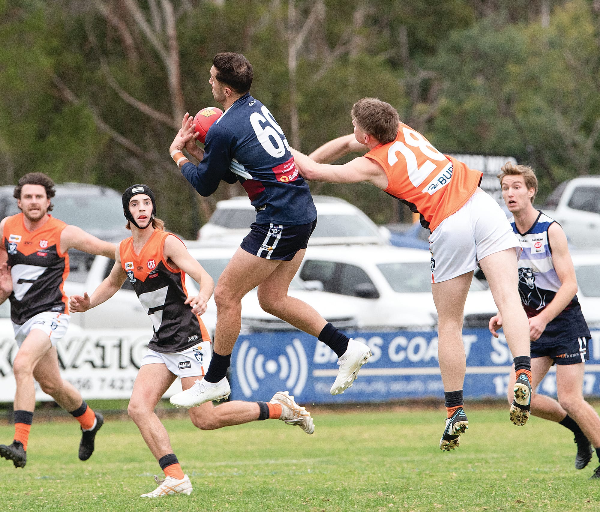 Anthony Daraio takes a strong mark in front of Korumburra Bena’s Blake Webb.