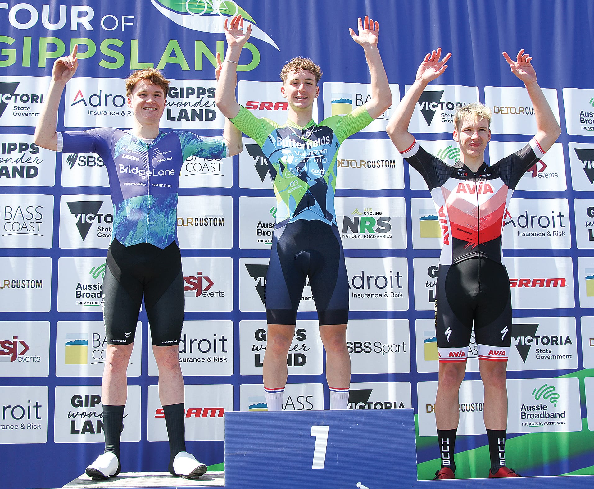 U19 men’s podium finish at Phillip Island (1st) Jameson Key (Van D’am Racing), (2nd) Jonas Shelverton (Team BridgeLane) and (3rd) Alex Hewes (Rudyco Cycling Team). B07_4124