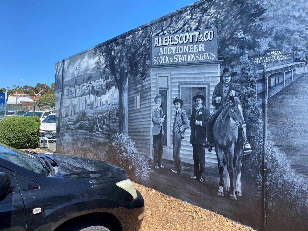 There’s old Alex Scott himself, the founder of the local stock and station company, standing beside the horse, outside the firm’s old office. And the longest-serving managing director, Bruce Gibson is depicted too, in a remarkably good likeness.