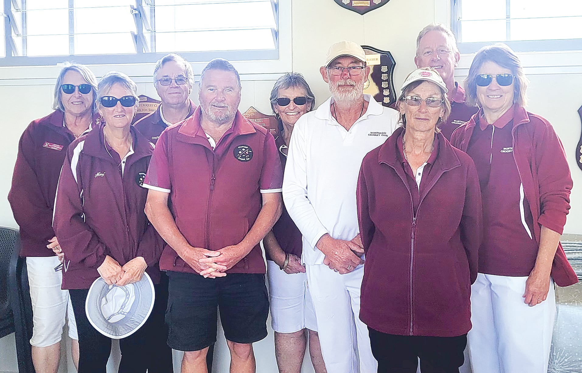 A winning Wonthaggi team inside the clubrooms at the Wonthaggi Croquet Club.