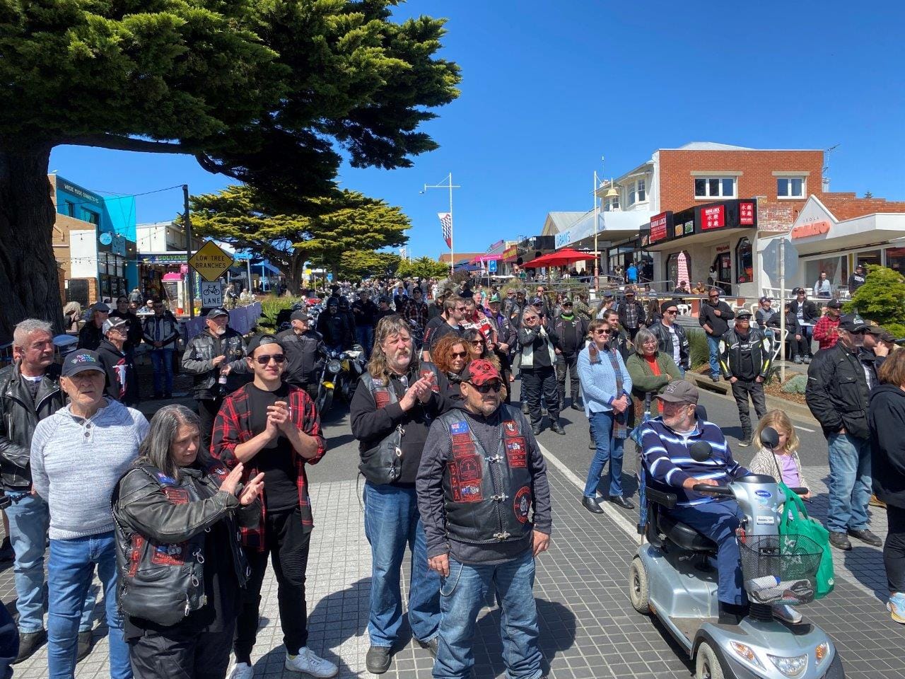 A happy crowd enjoyed the Blessing of the Bikes against the backdrop of Western Port and the iconic Cowes main street.