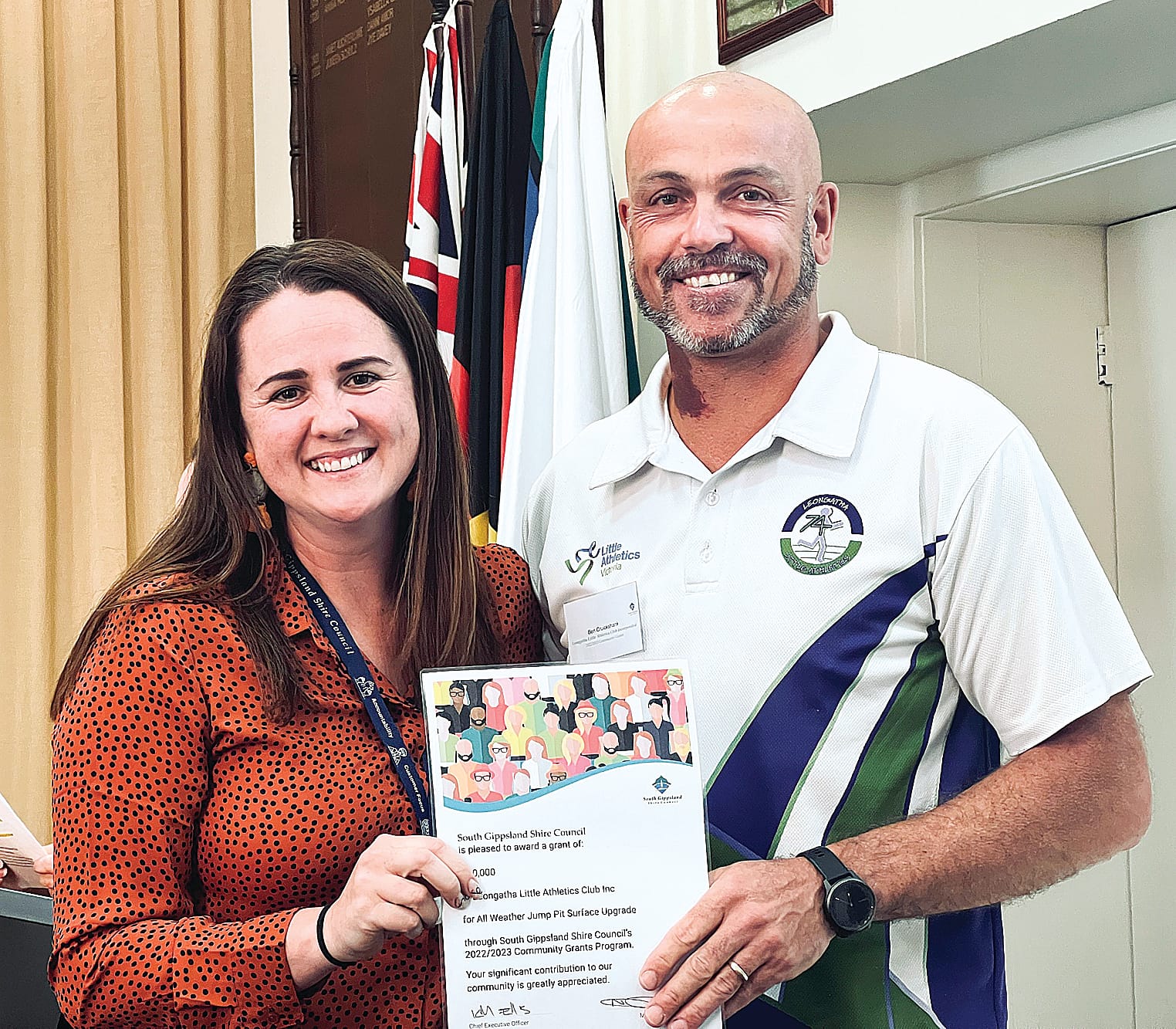 Ben Cruickshank, president of Leongatha Little Athletics Club is delighted to receive a Community Grant of $10,000 towards a synthetic runway and all weather jump pit.
