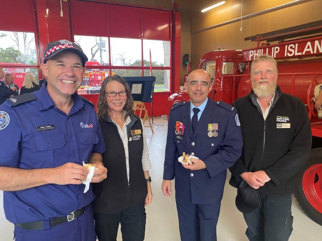 Having a chat after the opening of the Phillip Island Fire Station are fire fighter Simon Furniss, Phillip Island Nature Parks Senior Ranger Jodi Bellett, PICFA Captain Lino Drazzi and Stefan Poll also of PINP.