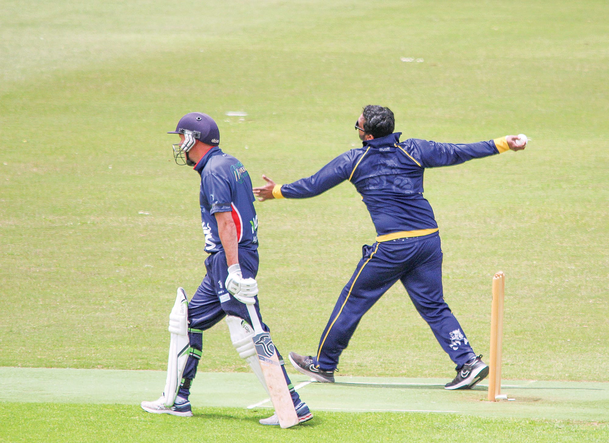 Koony all-rounder Isuru Darshana bowls in his side’s win at East Campus Oval. 
