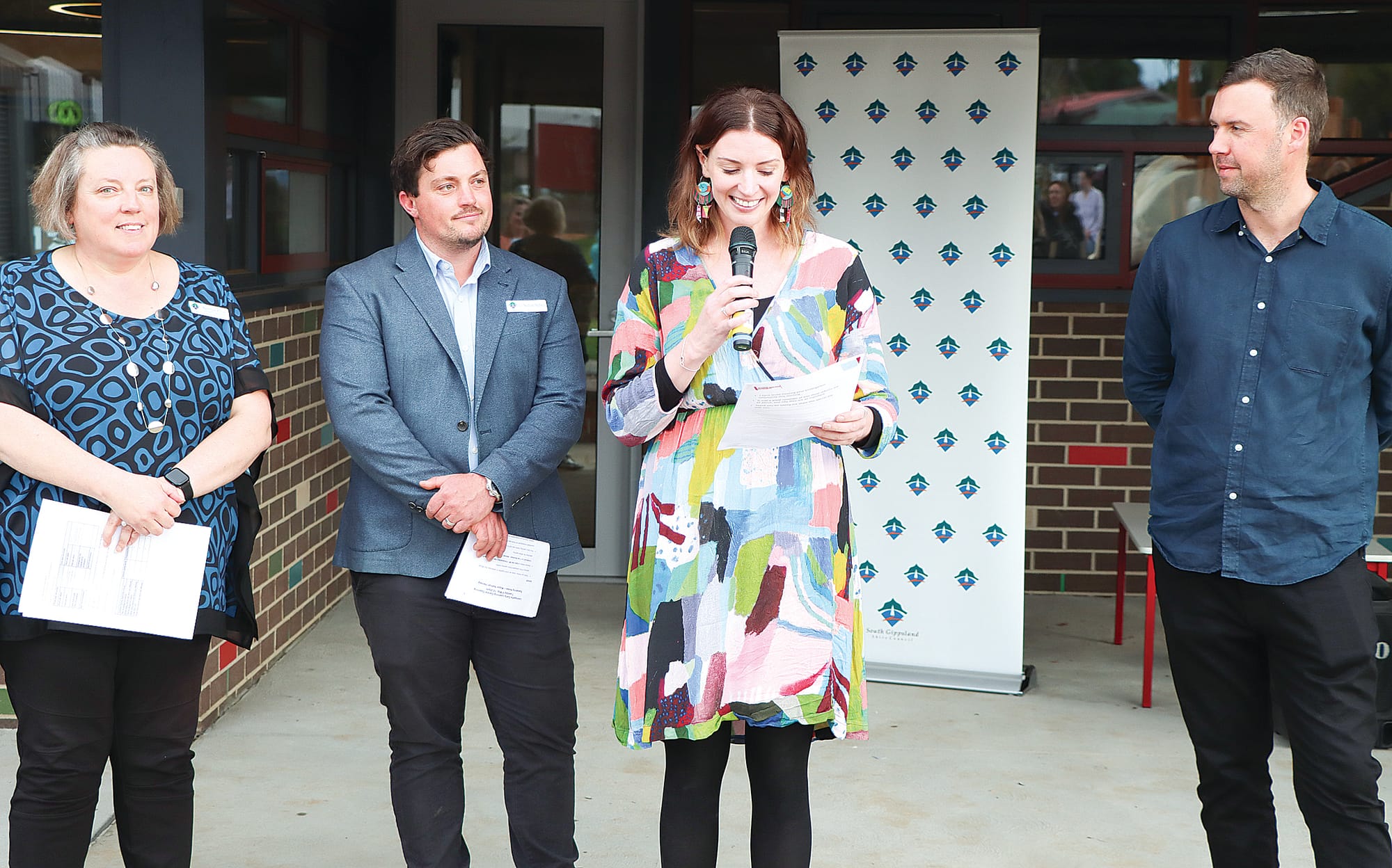 Parliamentary Secretary for Early Childhood Katie Hall speaks during the opening of Leongatha Early Learning Centre, with South Gippsland Shire Council CEO Kerryn Ellis, mayor Nathan Hersey, and upper house member for Eastern Victoria Tom McIntosh.