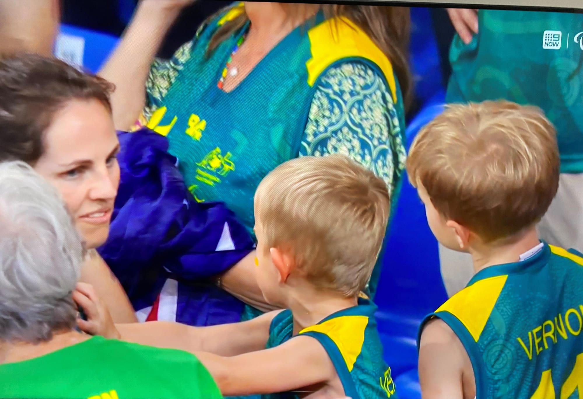 Beau's wife Lucy Vernon and the family courtside at the Paris Paralympics,