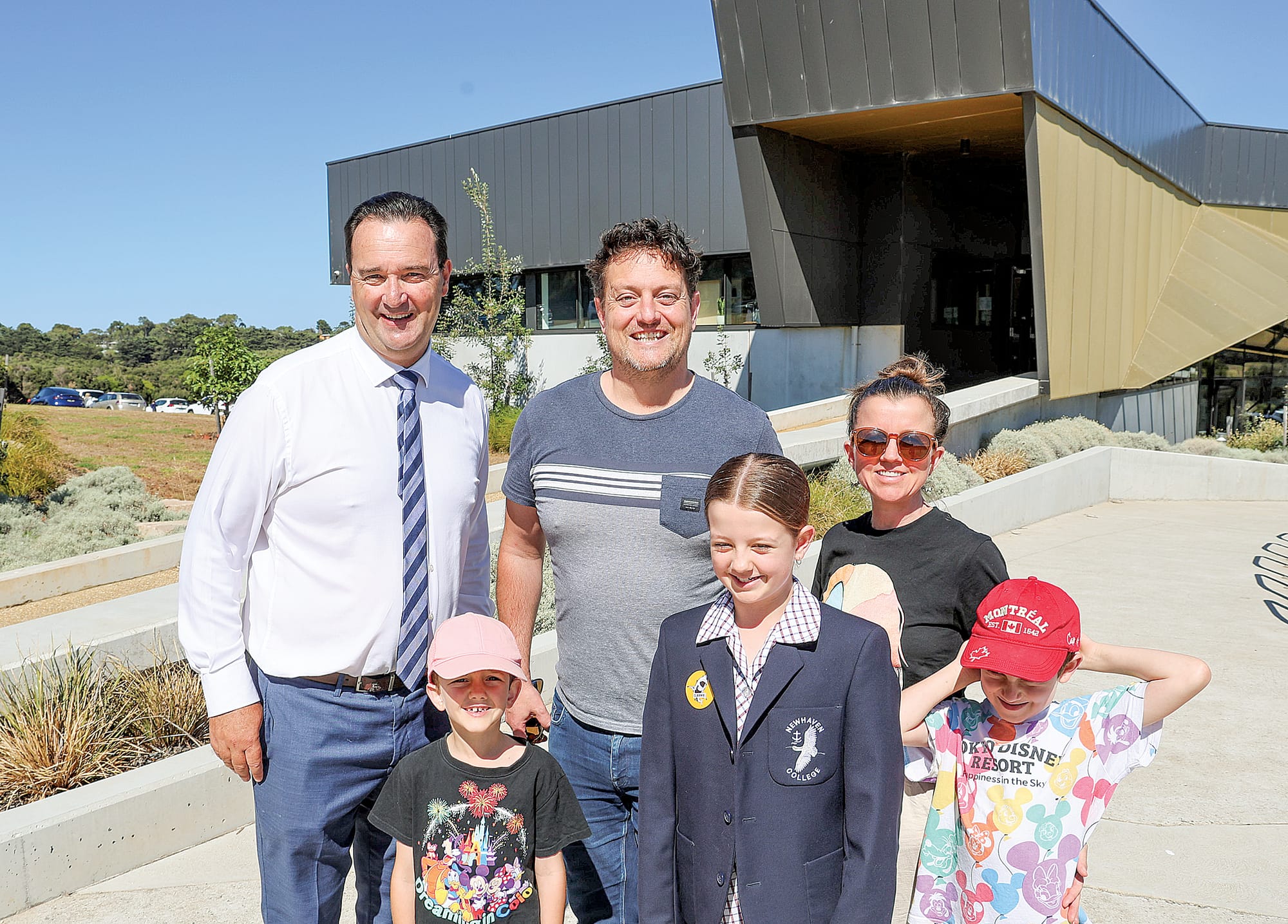 Newhaven College Principal Tony Corr was on hand to greet parents and students at the college’s annual open day last Saturday, including the Jamieson family of Craig, Elyse, Edith, one of the tour guides, Arlo and Odin.