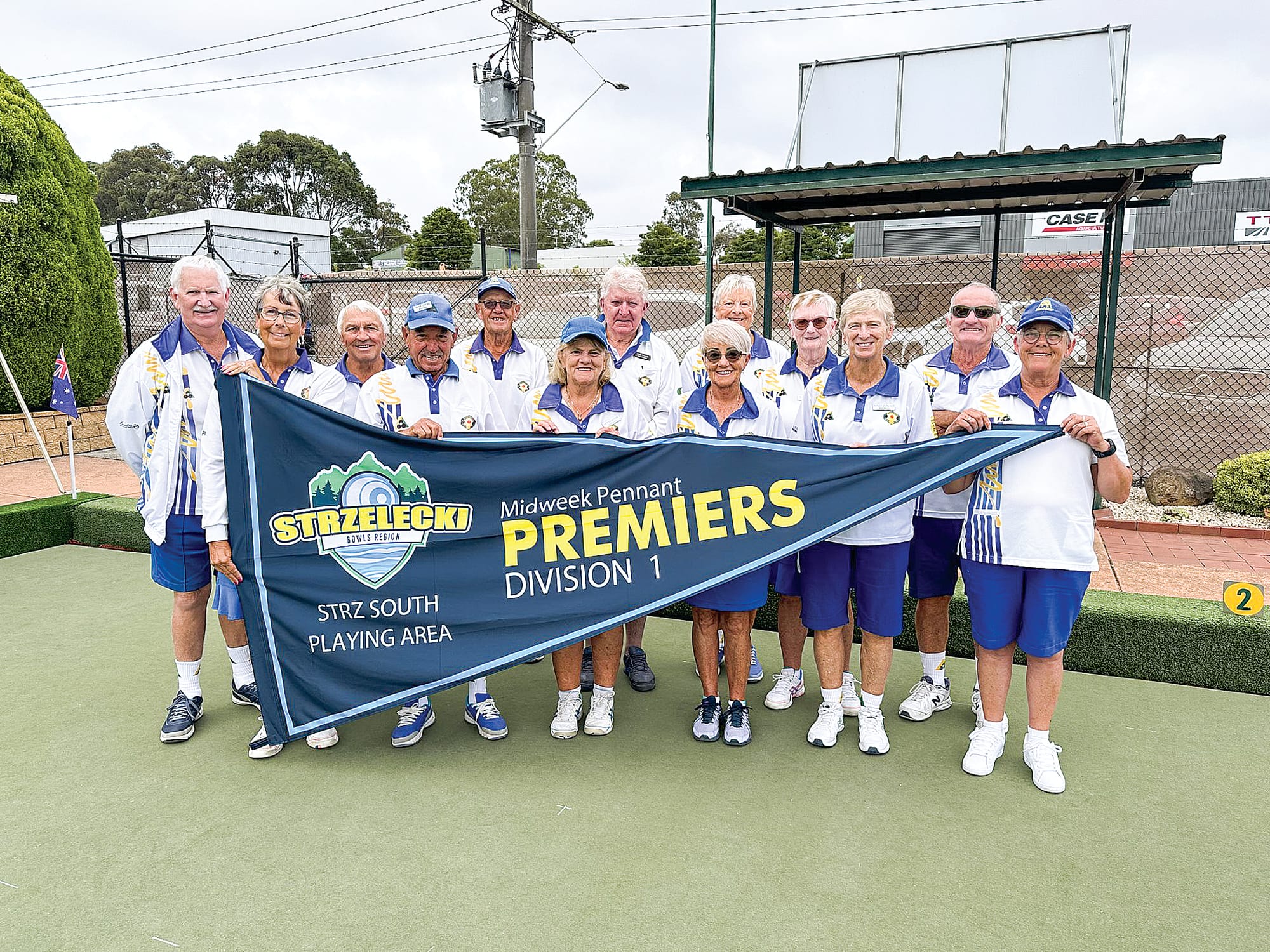 Wonthaggi Division 1 Premiers. Front: Caroline Donohoue, Frank Cimino, Denise Silver, Jan Jeeves, Wendy Donohue, Kathy Simpson, Back: Alan Ireland, Colin Ormerod, Frank Seaton, Rob Allan, Joy Phillips, Mary McBain and Bongo. ob10_1124