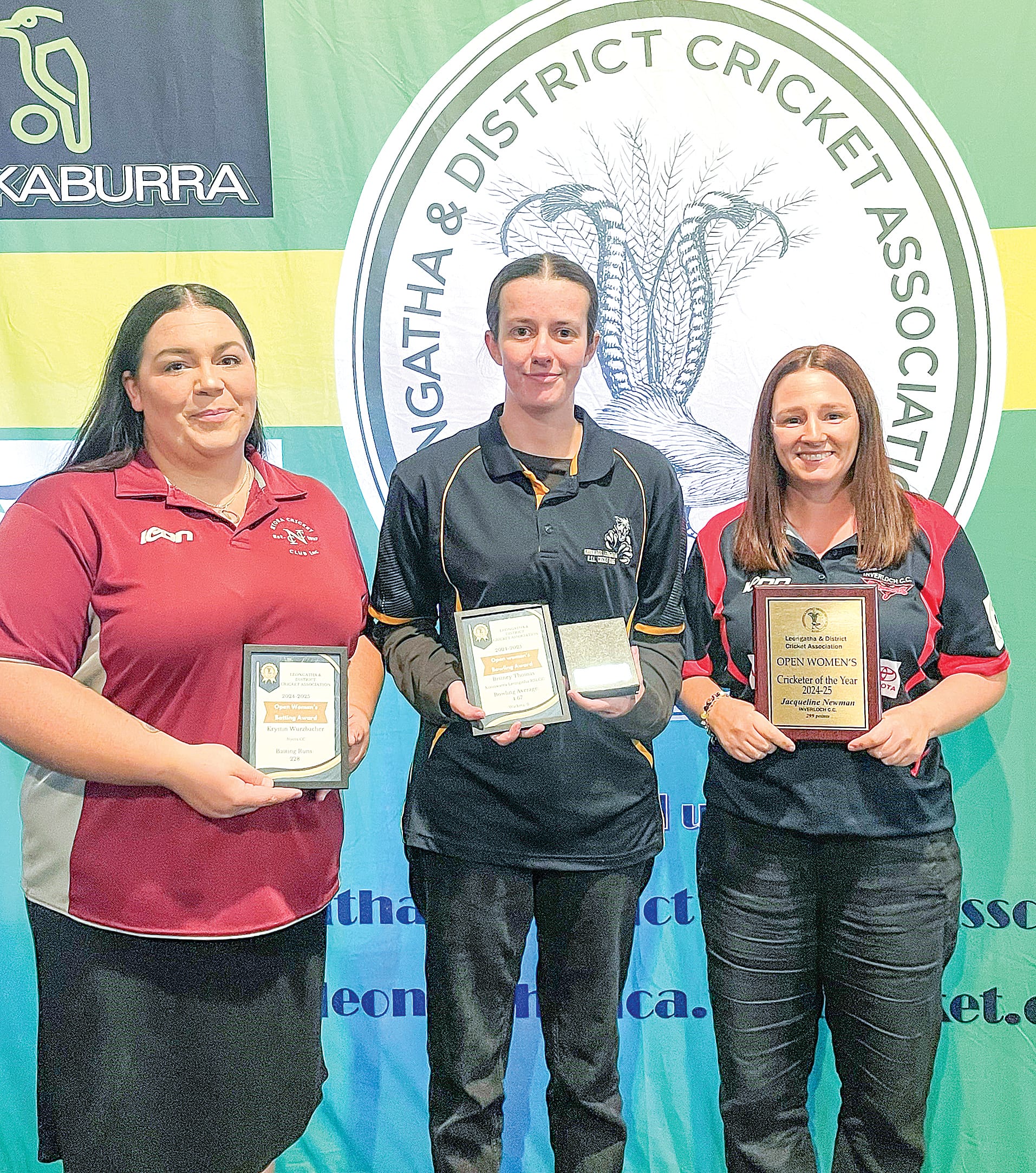 Leongatha and District Cricket Association’s inaugural women’s award winners Krystin Wurzbacher (batting), Brit Thomas (bowling) and Jackie Newman (Champion Player).