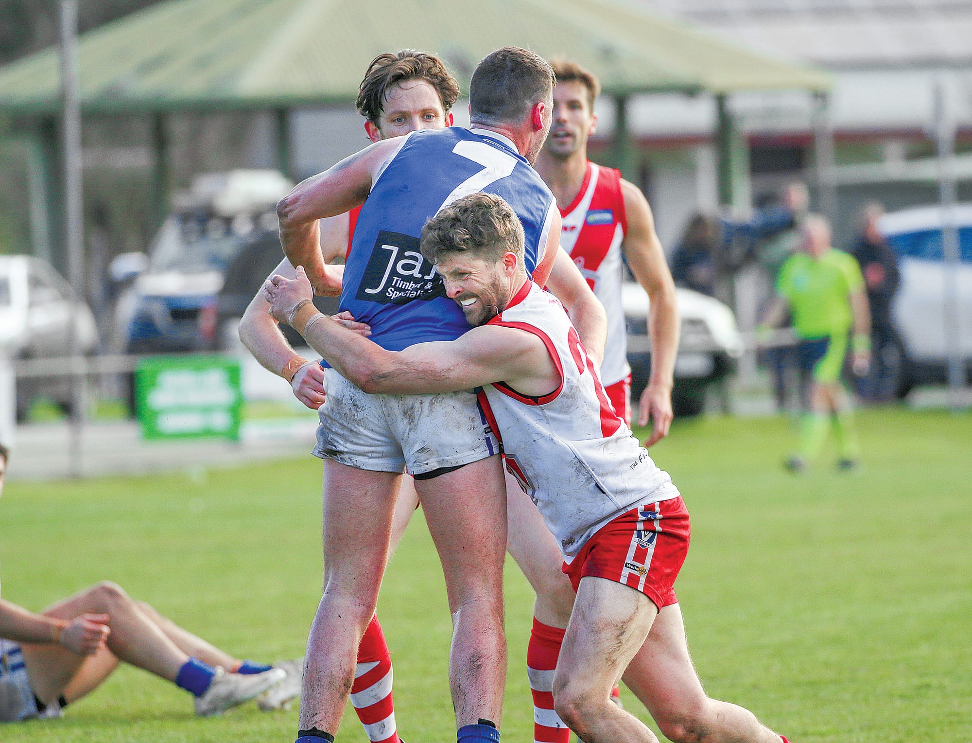 Fish Creek’s Jordan Shaw brought down Thorpdale’s Travis Patten as he tried to release the ball.