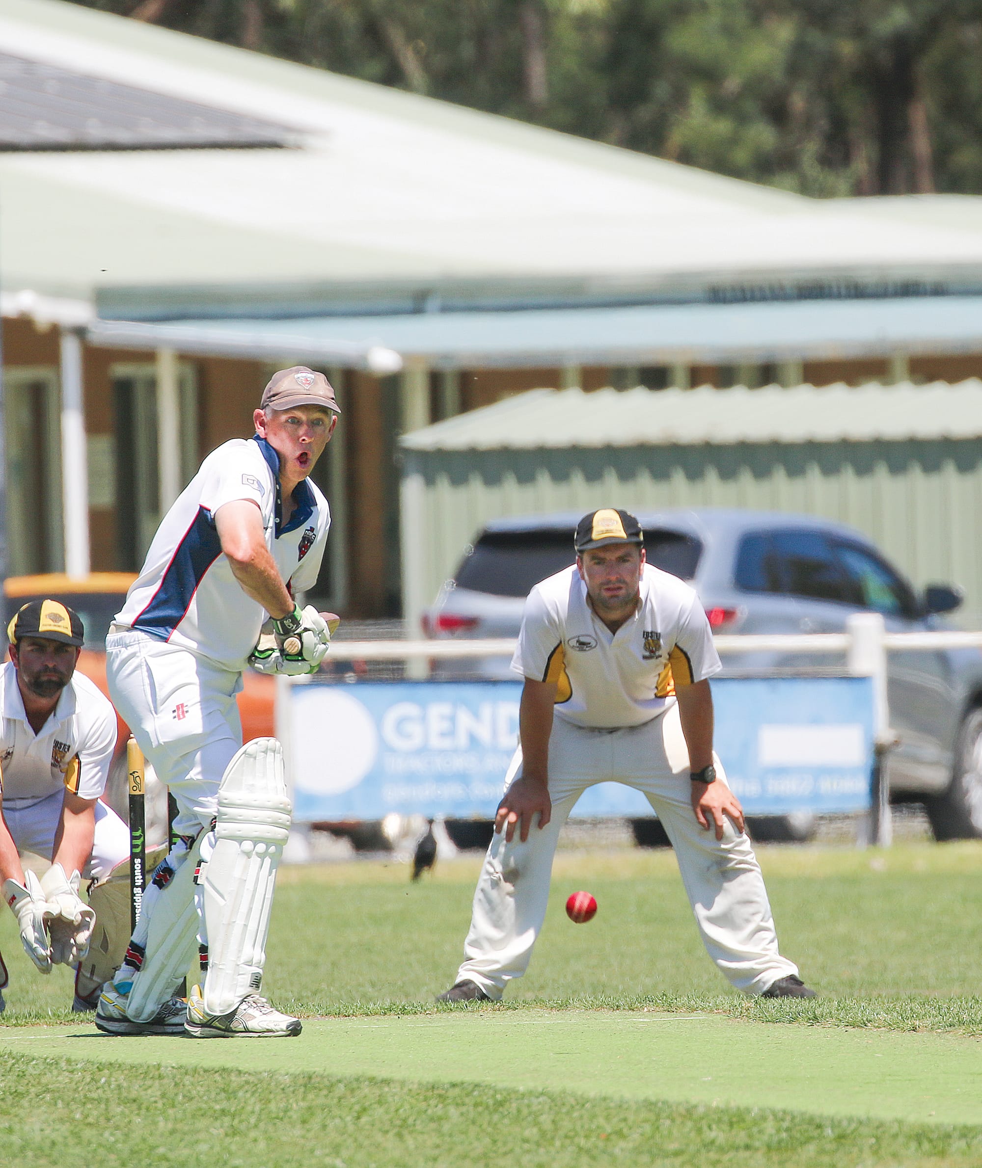 Richard Johnson delivers a clean ball to a concentrating Wayne Prosser, who joined Le Page retiring on 55 runs. C27_0525