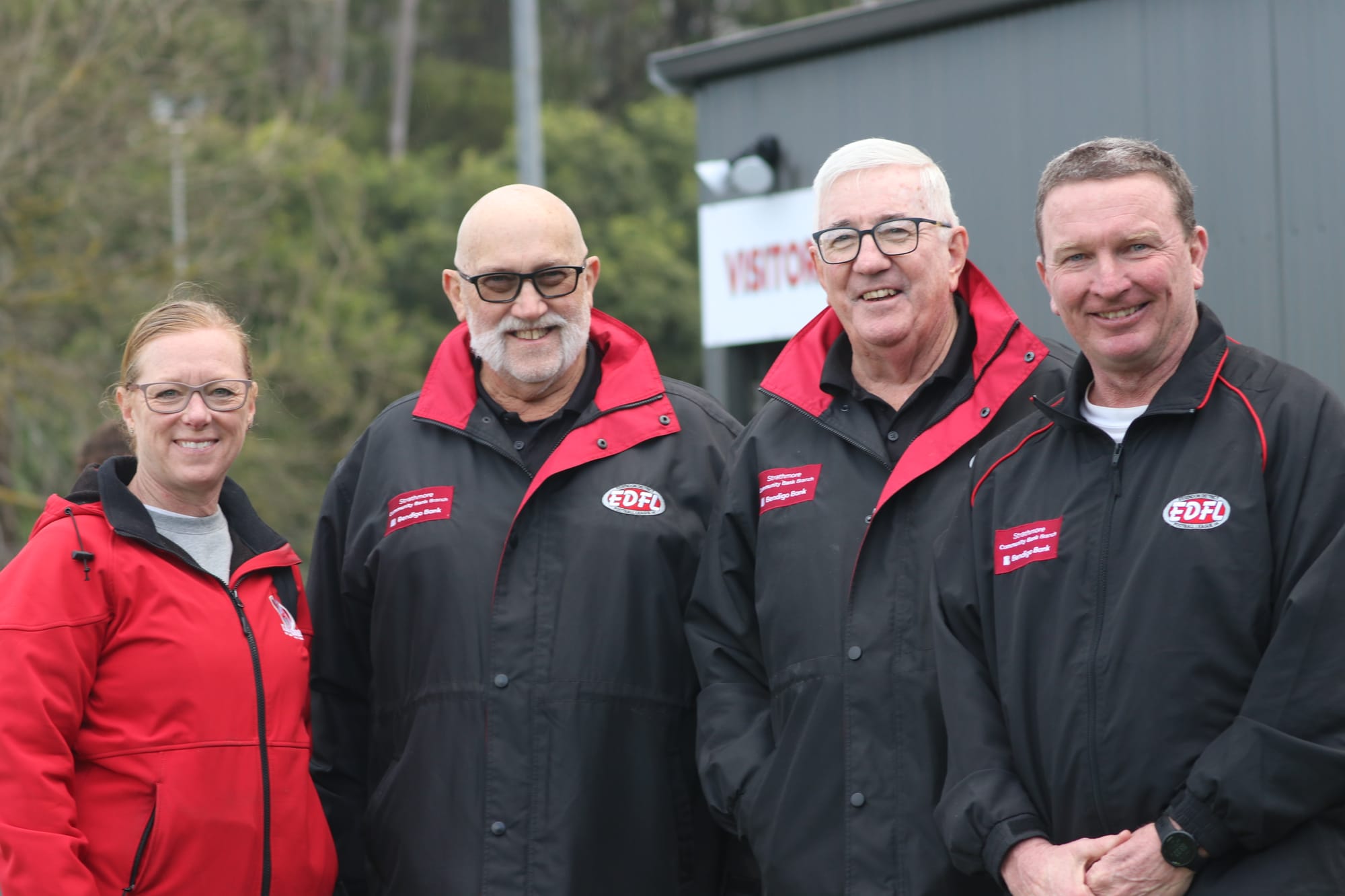 Leading the re-build and recovery sub-committee for Fish Creek FNC Megan Vuillermin with Essendon District Football League board member Ian Price, chairman Bernie Shinners and CEO Andrew Johnston. 