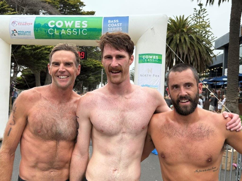 Placegetters overall and in the men’s division of the Cowes Classic on Saturday were Justin Tilley of Surf Beach 1st, Liam Hemmingway Frankston 2nd and Tyler Phillips Ferny Creek 3rd.