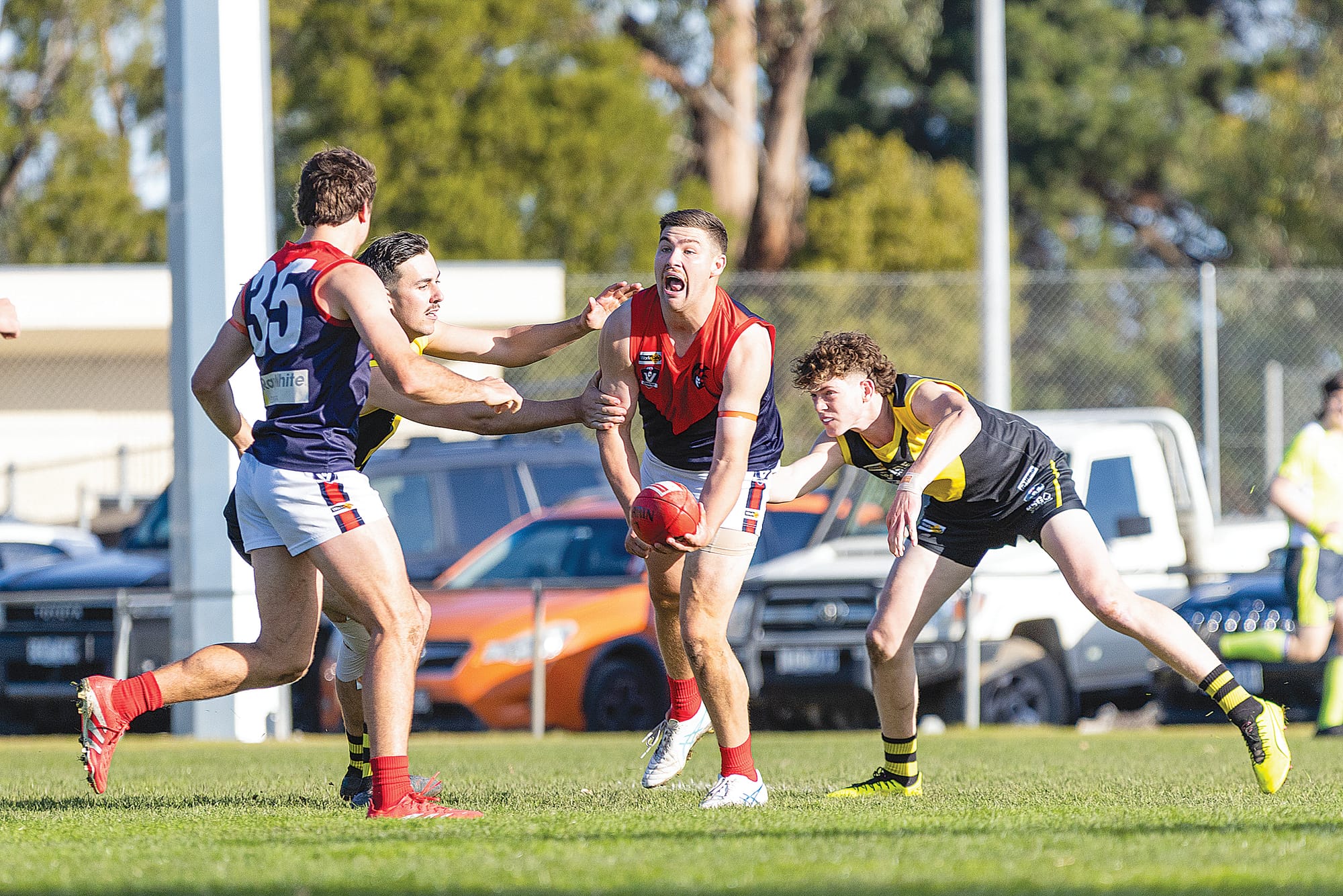 MDU’s Jarrod Hoy calls for backup in the match against Mirboo North. Photos: Bec Casey Sports Photography.